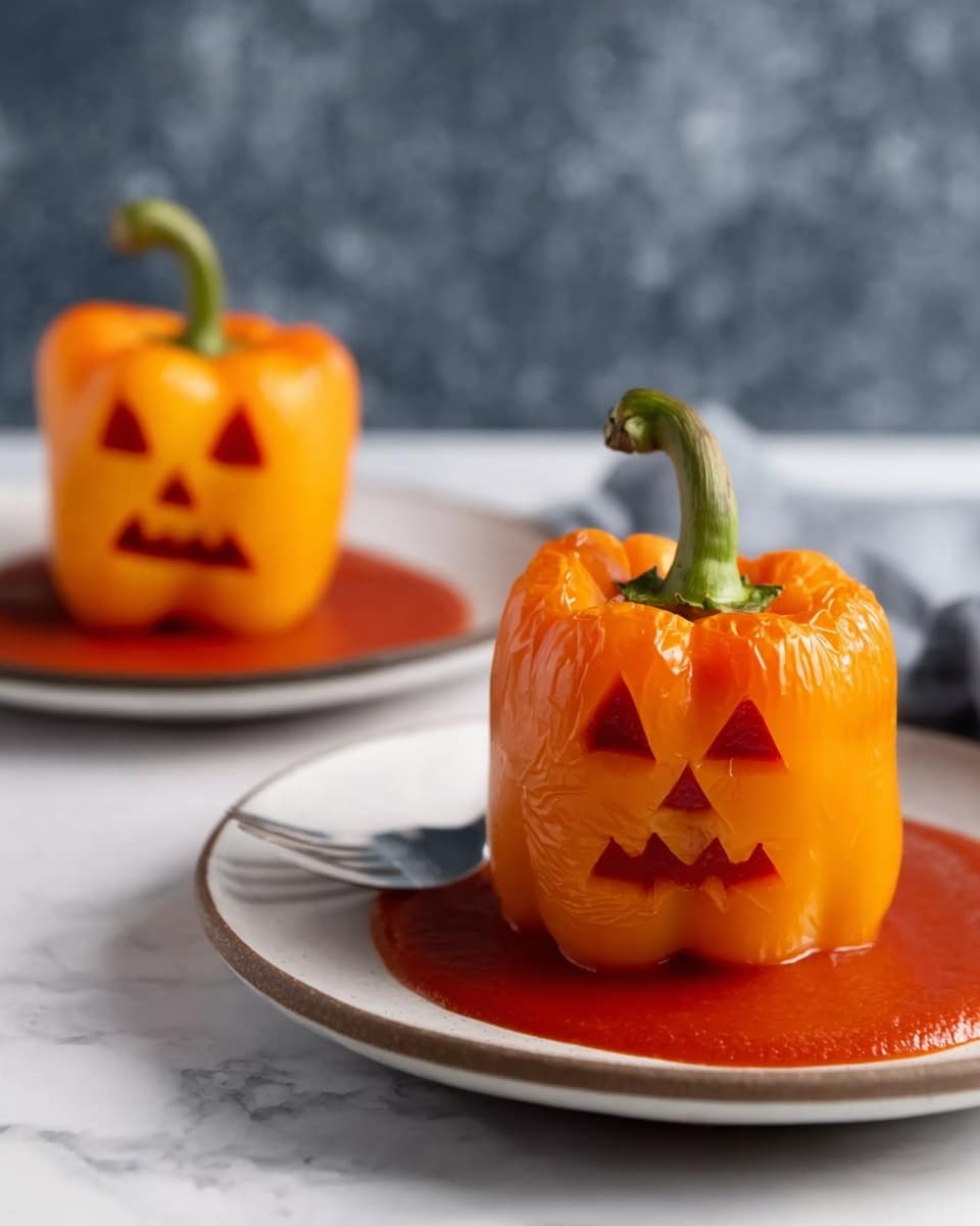 A white plate holds one roasted orange bell pepper placed on a pool of thick red tomato sauce, centered perfectly on the plate. The top of the pepper is slightly browned with a green stem in the middle, showing the roasted texture. To the left, there is a white baking dish with other similar orange bell peppers resting inside, and to the right, a small white pitcher filled with more red tomato sauce sits on a white marbled surface. A fork and knife are partially visible on a white plate at the upper right corner, all on a white marbled background. Photo taken with an iphone --ar 4:5 --v 7
