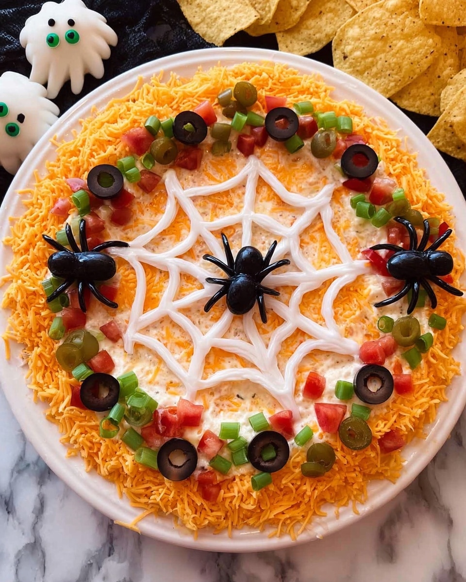 The image shows a round white plate filled with layered dip artfully arranged on a white marbled surface. The dip has four layers: the bottom layer is a light brown base, the second layer is a bright red spread mainly around the edges, the third layer is shredded orange cheese covering most of the surface, and the top layer is white sour cream piped in a spider web shape with a cluster of black olive pieces forming a spider at the center. Around the edge of the plate, there is a ring of sliced black and green olives, with small green chopped herbs sprinkled unevenly. On both sides of the plate, there are yellow round corn tortilla chips arranged in piles. At the top part of the image, there are eight small white frosted cupcakes decorated with small green pieces and tiny dark dots resembling eyes, placed on a black cloth with white spider web patterns. In the top left corner, there are two spice containers, one red and one white. photo taken with an iphone --ar 4:5 --v 7