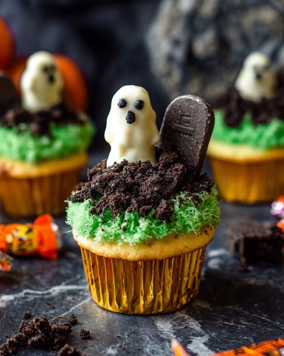 A cupcake in a gold wrapper sits on a dark surface with a white marbled background. The cupcake has a bottom layer of light yellow cake, topped with green frosting that looks like grass around the edges. On top of the green frosting, there is a mound of crumbled dark chocolate cookie pieces that look like dirt. Standing in the middle of the cupcake is a small ghost made of white fondant or icing with black eyes and mouth details. A piece of chocolate shaped like a tombstone is stuck in the back of the cupcake. In the background, there are two more cupcakes with similar decorations, and some Halloween candy wrappers are scattered nearby. photo taken with an iphone --ar 4:5 --v 7