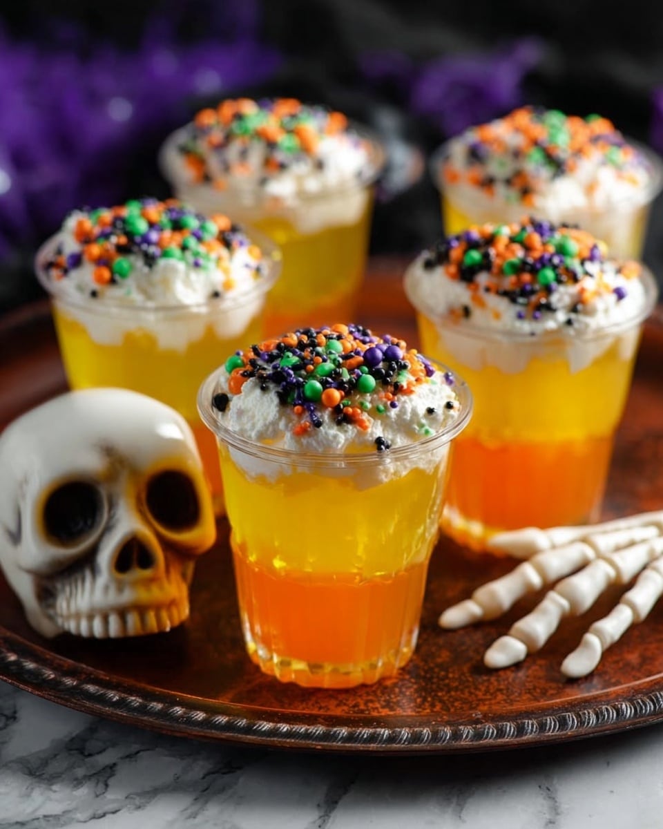 The image shows six clear cups filled with a two-layered jelly dessert on a dark rust-colored round tray. The bottom layer is bright yellow, and the top layer is bright orange, creating a glowing effect. Each cup has a thick white whipped cream layer on top, decorated with colorful Halloween-themed sprinkles in black, green, orange, and purple. To the left of the cups is a white skull, and on the right side is a white skeleton hand resting on the tray. The background is dark and blurred, making the jelly cups and decorations stand out on a white marbled surface. Photo taken with an iphone --ar 4:5 --v 7
