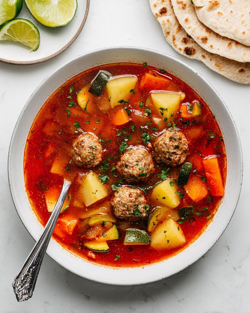 A white bowl filled with a bright red broth containing five small round meatballs scattered through the bowl, surrounded by chunky pieces of yellow potatoes, orange carrots, and green zucchini. The soup is sprinkled with fresh chopped herbs and a silver spoon rests on the left side inside the bowl. To the top right, there are three pieces of folded flatbread on a white marbled surface, and at the bottom left, two lime wedges on a small plate. The photo is taken with an iphone --ar 4:5 --v 7