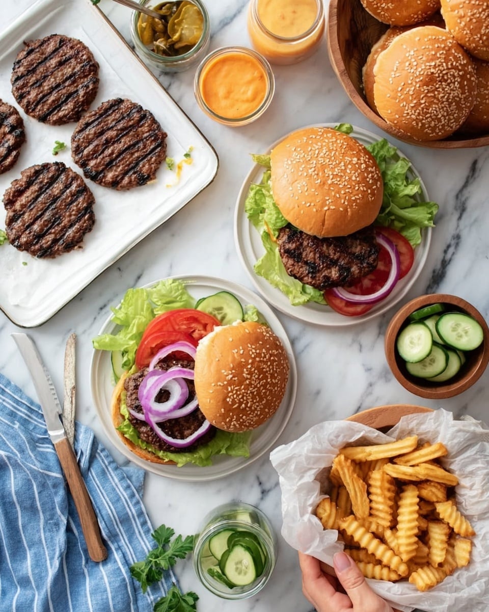The image shows a top view of a meal with two white plates, each holding a burger and crinkle-cut fries. The burgers have sesame seed buns with layers of green lettuce, red tomato slices, cucumber, and thin purple onion rings, topped with a grilled dark brown patty. One burger's bun is lifted to show the layers inside. There is a white tray on the top left holding three extra grilled patties with dark grill marks. Next to this tray is a small glass bowl of orange sauce and another jar with pickles. A wooden bowl on the top right is filled with sesame seed white buns resting on parchment paper. On the bottom right, a wooden bowl holds more crinkle-cut fries on parchment paper. Nearby, a small glass jar contains sliced cucumbers in water, and another jar has sliced red onions. The background is a white marbled texture, and a woman's hand is partially visible next to a blue cloth near the bottom left. A knife rests on one white plate alongside the fries. photo taken with an iphone --ar 4:5 --v 7