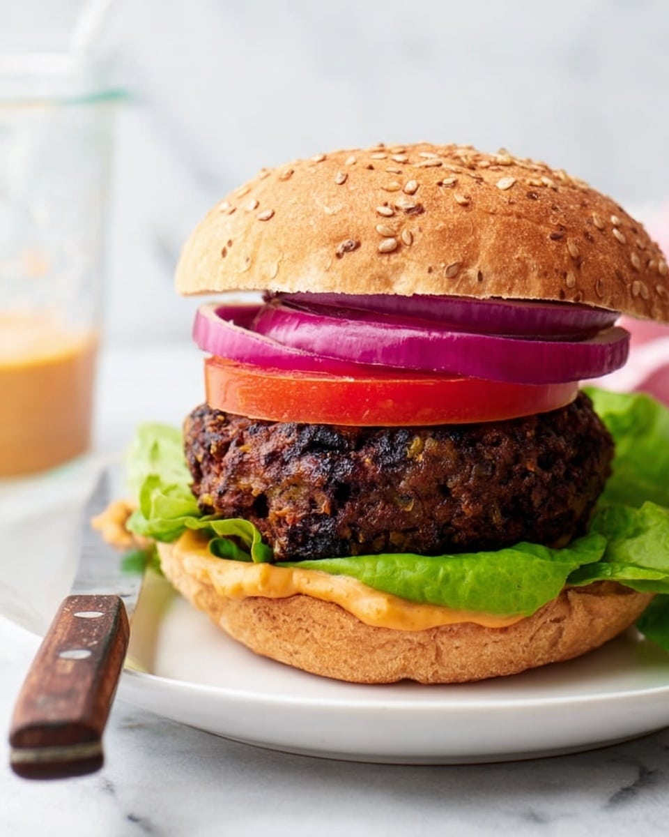 A burger on a white plate with a white marbled background. The bottom layer is green leafy lettuce with light orange sauce on top, followed by a thick dark brown patty that looks grilled with a rough texture. Above the patty are thin round slices of purple onion, and on top of them is a slice of bright red tomato. The whole burger is held together with a golden brown sesame seed bun with a soft texture. A knife with a dark handle lies on the plate next to the burger. Photo taken with an iphone --ar 4:5 --v 7