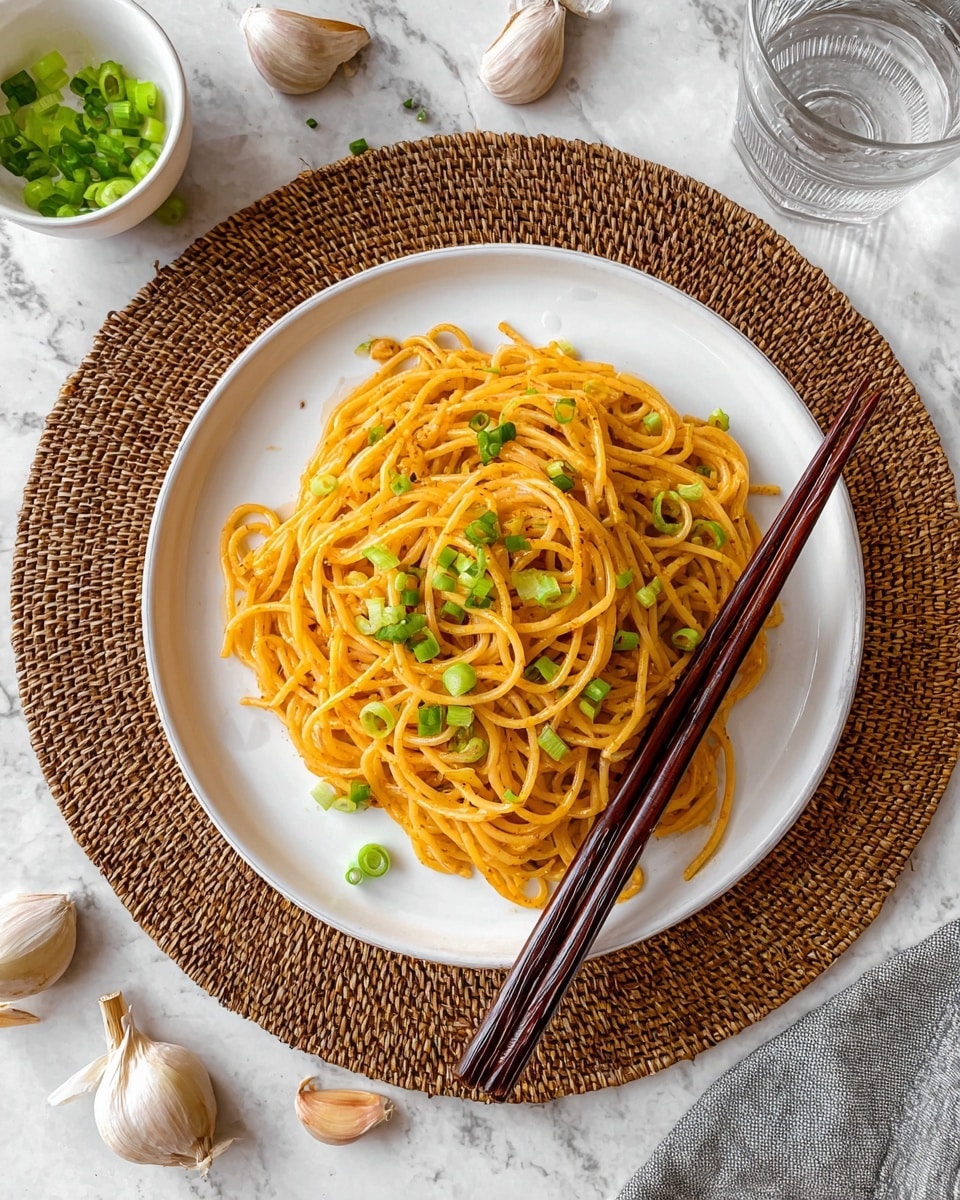 A white plate sits on a round woven mat with a pile of yellow spaghetti noodles lightly coated in sauce and scattered with small pieces of green scallions on top. To the right of the plate, a pair of wooden chopsticks rests on the plate’s edge. Around the plate, there are cloves of garlic with white papery skins spread on a white marbled surface. In the top left corner, a small white bowl holds more sliced green scallions. A clear glass of water is positioned to the top right, alongside the chopsticks. Photo taken with an iphone --ar 4:5 --v 7