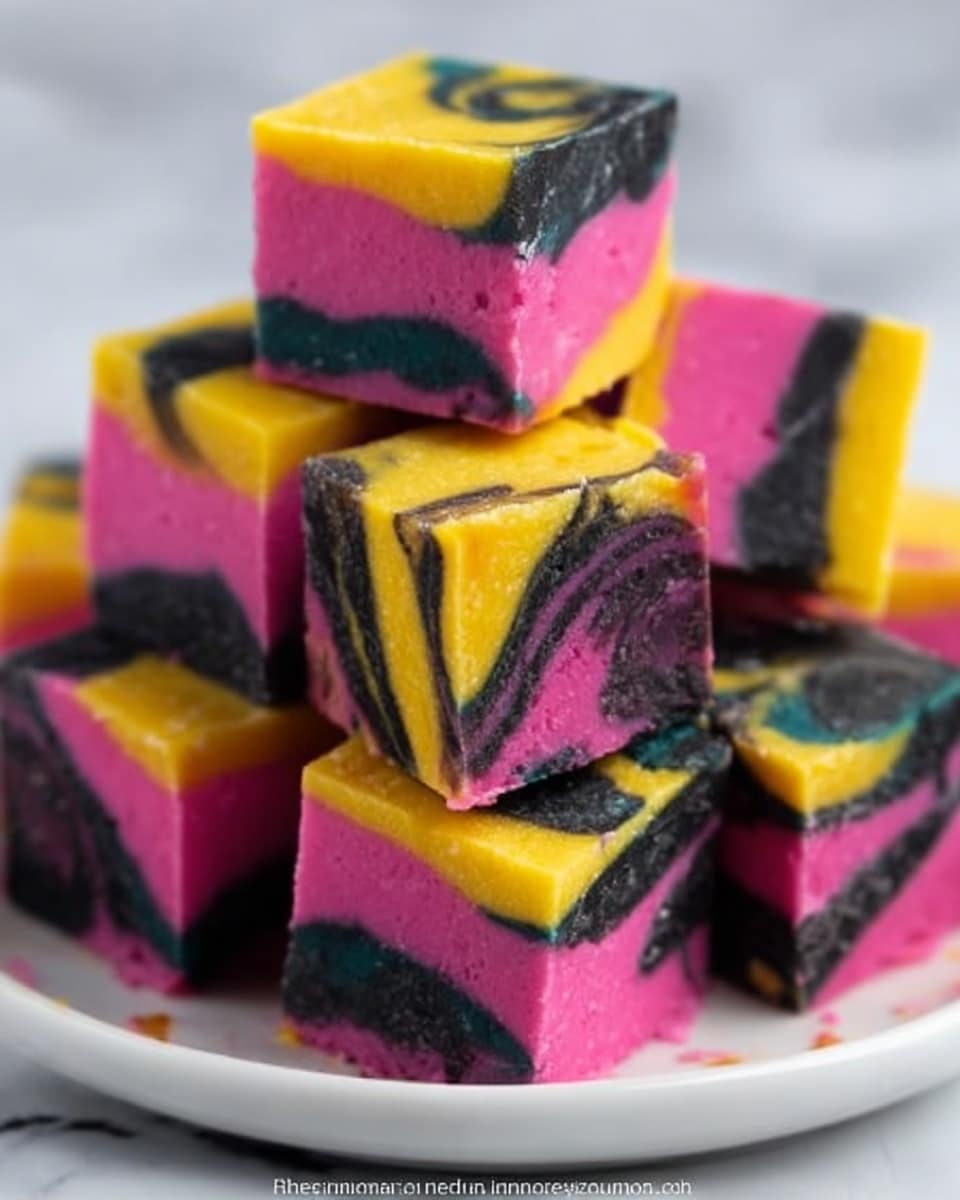 The image shows a close-up of colorful layered fudge squares arranged in a small stack on a white plate. Each fudge piece has three layers with bright colors: yellow, black, and pink with touches of teal and blue mixed in. The fudge has a smooth texture with clear lines separating each color layer. The white plate sits on a white marbled surface, with a blurry background of dark and purple decorations adding contrast to the vibrant fudge colors. A woman's hand is gently holding one piece near the top of the stack. Photo taken with an iphone --ar 4:5 --v 7