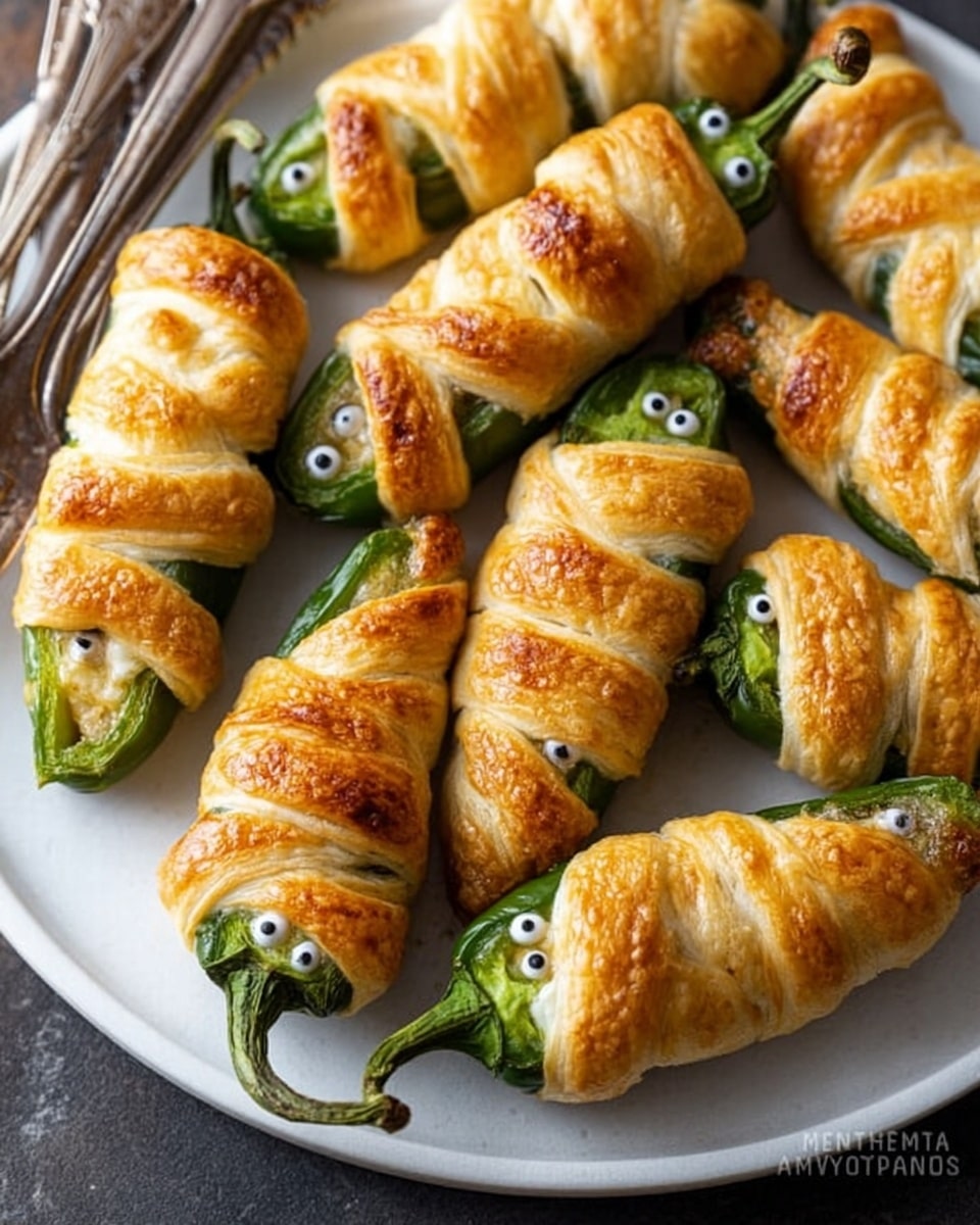 A close-up of a woman's hand holding a golden, flaky pastry with visible layers of shiny, baked crust. Inside, there is one layer of creamy white cheese and a thick slice of bright green pepper. The background shows a blurred white marbled surface with more similar pastries. photo taken with an iphone --ar 4:5 --v 7