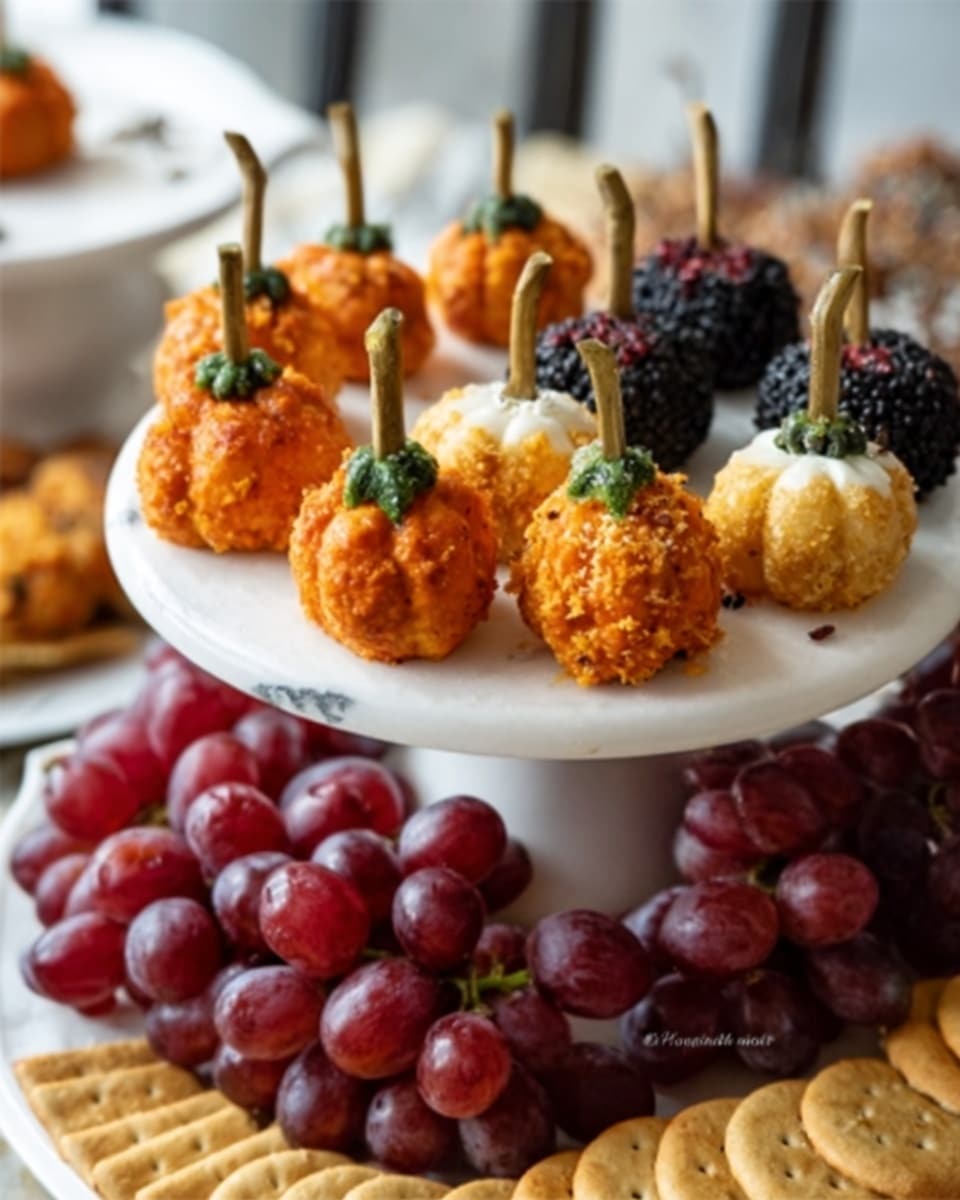 The image shows a white rectangular plate with small pumpkin-shaped treats arranged neatly in rows. Each treat has a rough, crumbly texture and comes in three colors: orange, black with white sesame seeds, and pale yellow. Each pumpkin has a small brown stick as a stem placed vertically in the center. Some pumpkins have tiny green leaves attached near the stem for decoration. The plate rests on a white marbled surface, and a woman's hand is reaching towards one of the treats. Photo taken with an iphone --ar 4:5 --v 7