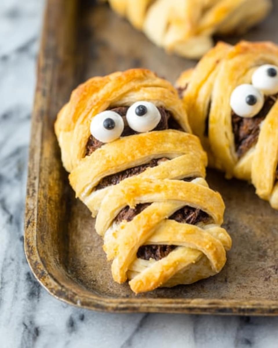 The image shows four small mummy-shaped snacks on a silver tray with a white marbled surface underneath. Each mummy is wrapped in golden brown dough strips, revealing a dark filling that looks like sausage at the head. They have two small white eyes with black centers on each head. Behind the tray is a white bowl filled with smooth red sauce decorated with small circles of white and black, looking like eyes. A woman’s hand is holding the bowl near the top right corner, and a dark orange and brown textured cloth is placed under the bowl. Photo taken with an iphone --ar 4:5 --v 7
