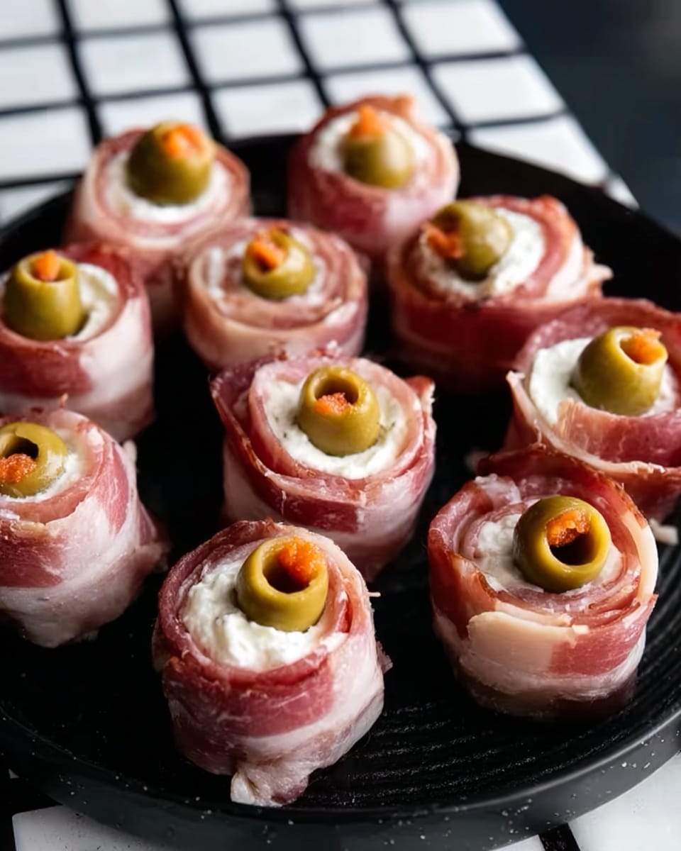 The image shows several small rose-shaped appetizers placed closely together on a black plate. Each appetizer has three visible layers: the outer layer is light pink thinly sliced meat arranged in a swirl to resemble rose petals, the middle layer is a small dollop of white creamy cheese placed tightly in the center, and the top layer is a single green olive with a pimento filling centered on the cheese. The thin meat curls softly at the edges, creating a textured look while the cheese adds smoothness. The green olive contrasts with the pink and white colors, making each piece pop visually. The background surface is a white marbled texture. Photo taken with an iphone --ar 4:5 --v 7