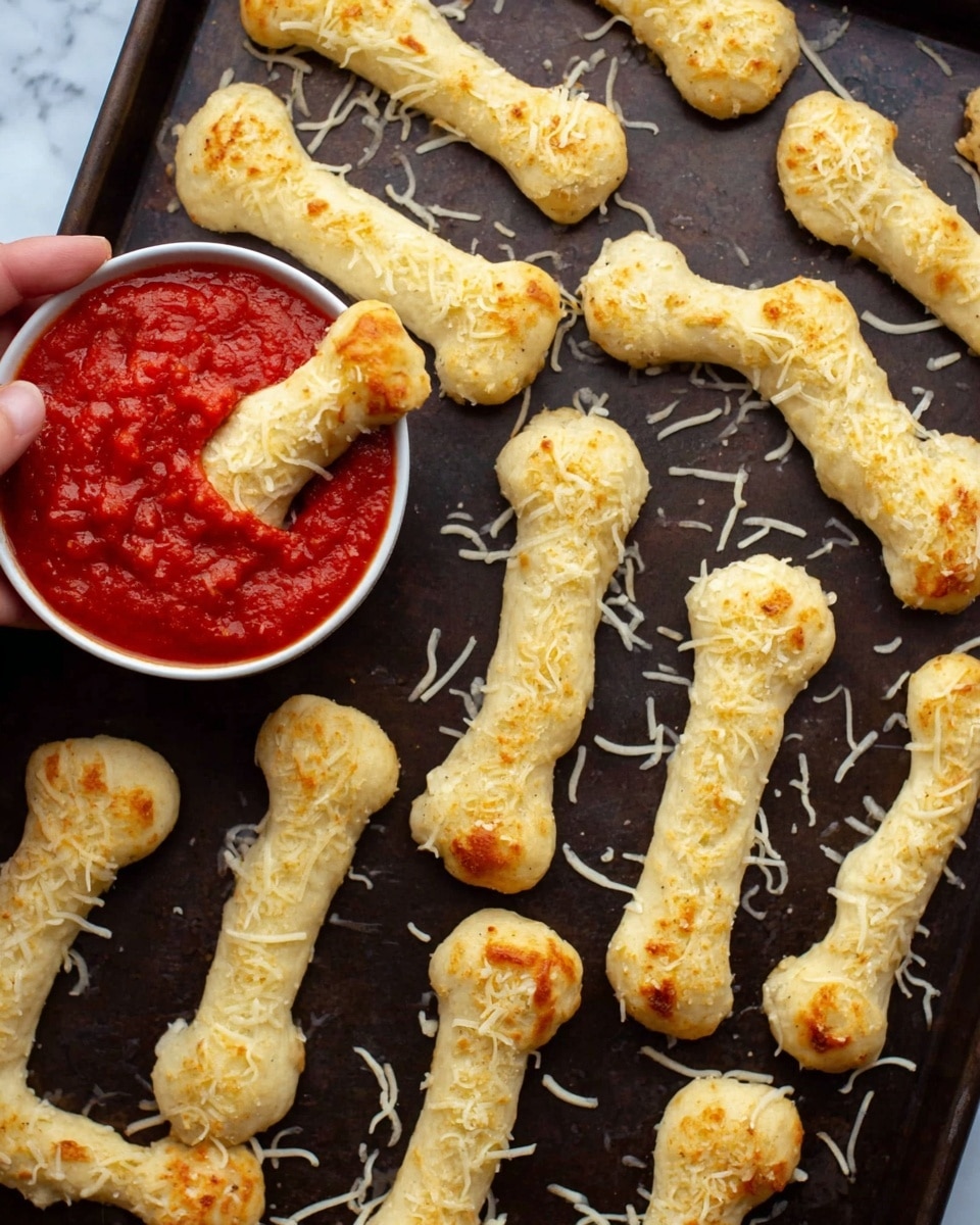 The image shows multiple bone-shaped breadsticks laid out on a dark baking tray. Each breadstick is pale golden with a slightly rough texture, topped with a sprinkle of melted shredded cheese that adds a light crust on top. The breadsticks have rounded ends resembling knuckles, with the middle part slightly thinner. In the top left corner of the tray, there is a small white bowl filled with red tomato sauce, seasoned with herbs and spices. Near the bowl, a woman's hand is holding one of the breadsticks, partially dipped into the sauce. The background is a white marbled texture. photo taken with an iphone --ar 4:5 --v 7