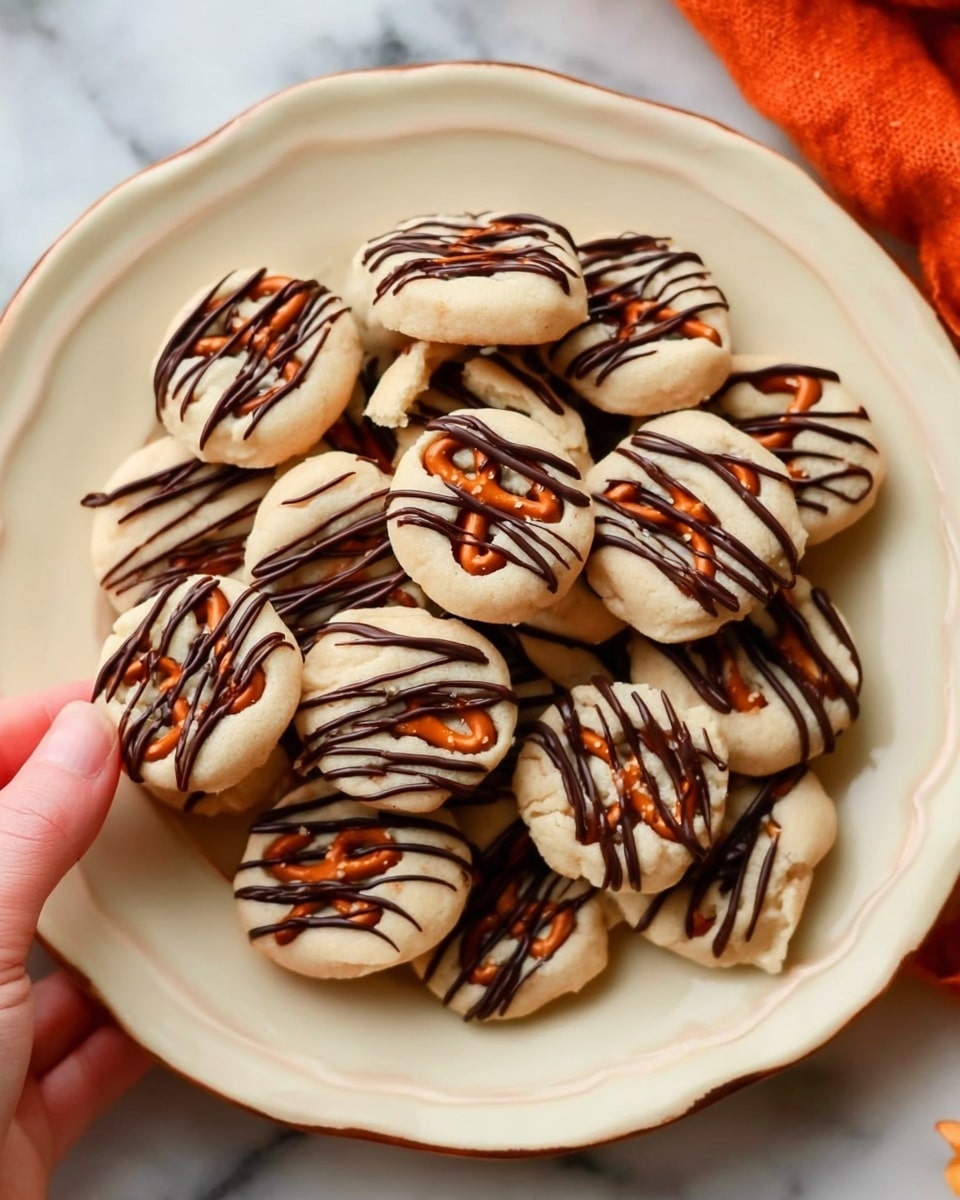 A white plate filled with about ten small, round cookies that have a light beige color with a smooth texture. Each cookie has a pretzel piece partially dipped in the dough, sticking out on one side, and dark chocolate drizzled in thin stripes across the top of each cookie. The plate is placed on a white marbled surface, and a woman's hand is holding one cookie from the edge of the plate. photo taken with an iphone --ar 4:5 --v 7