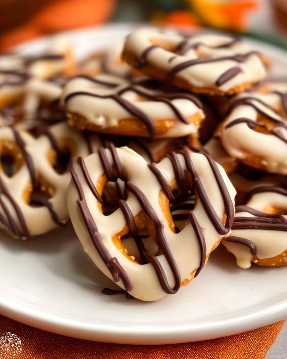 A close-up view of several heart-shaped pretzels covered with a smooth, light tan coating that looks creamy and soft, each pretzel decorated with dark brown chocolate drizzle in thin, uneven lines. The pretzels are arranged on a shiny white plate with a subtle glare, sitting on a white marbled surface that adds brightness to the scene. The pretzels have a slightly rough texture under the coating and some small orange bits visible in the background, suggesting nuts or seasoning. The warm lighting highlights the shiny chocolate and creamy coating, making the pretzels look rich and inviting. photo taken with an iphone --ar 4:5 --v 7
