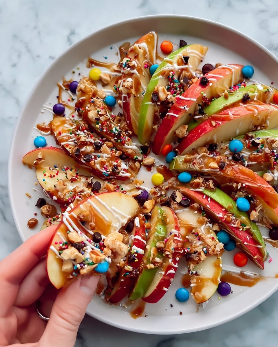 A white plate holds a colorful arrangement of apple slices in red and green, each slice layered with a drizzle of white and caramel sauce. On top, there are scattered small round candy pieces in bright colors like red, blue, yellow, green, and orange, along with mini chocolate chips, crushed nuts, and tiny rainbow sprinkles. A woman's hand is holding one apple slice near the bottom right, showing the detailed toppings and shiny sauce. The whole setup rests on a white marbled surface. photo taken with an iphone --ar 4:5 --v 7