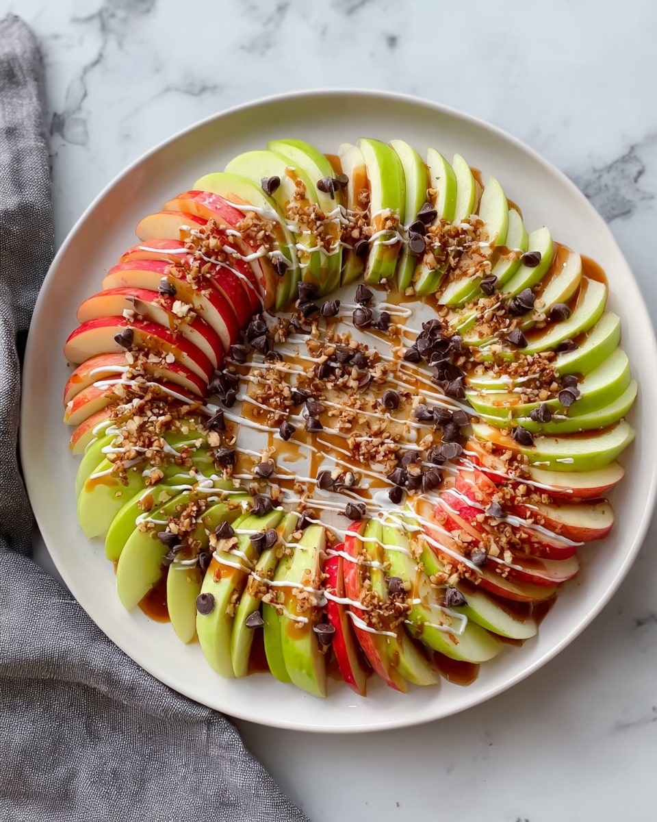 A white plate holds two layers of apple slices arranged in a circular pattern; the bottom layer is of green apple slices with smooth skin, and the top layer is of red apple slices with shiny skin. Both layers are drizzled with white and light brown sauces creating thin lines over the apple slices. Small dark brown chocolate chips and light brown chopped nuts are scattered evenly on top. The plate is placed on a white marbled surface, with a gray cloth partially visible on the left side. photo taken with an iphone --ar 4:5 --v 7