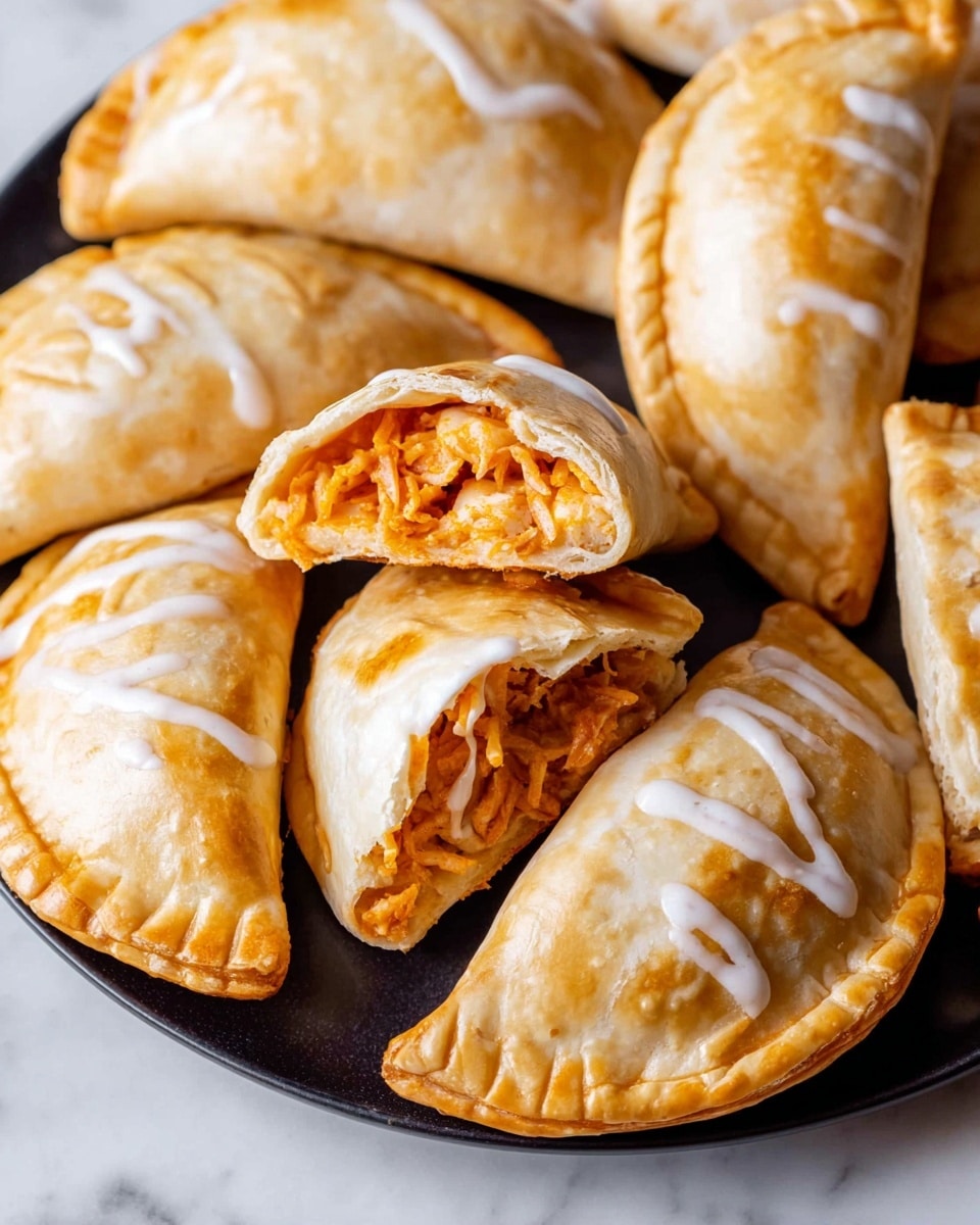 The image shows a black plate filled with several small, golden-baked turnovers that are half-circle shaped with lightly browned edges and small slits on top. One turnover is open, revealing a bright orange shredded filling inside, topped with a drizzle of white sauce. The turnovers have a smooth, shiny crust with a slightly flaky texture. They are arranged closely together on a white marbled surface. Photo taken with an iphone --ar 4:5 --v 7