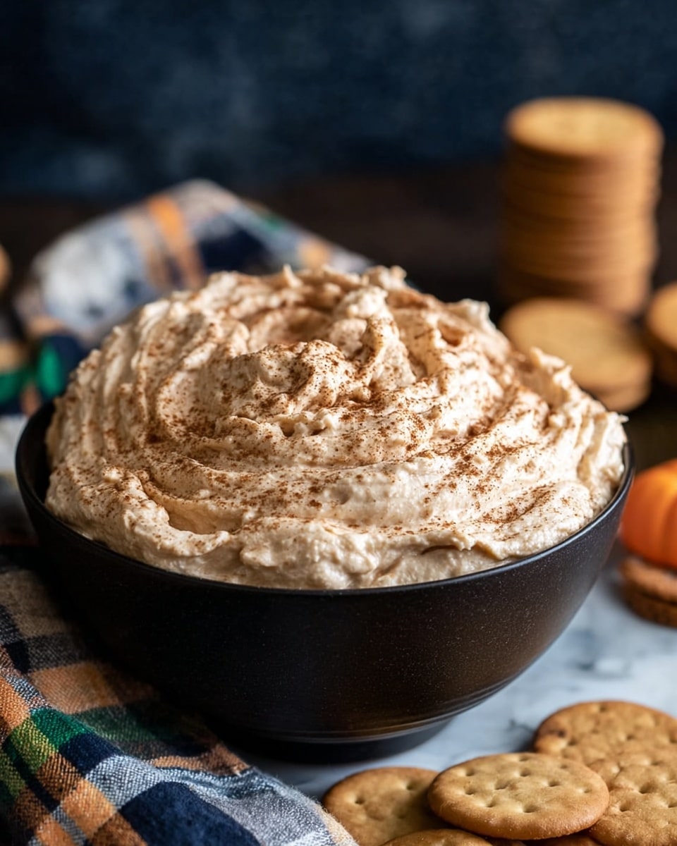 A close-up view of a bowl filled with creamy hummus that has a light beige color with a smooth but slightly textured surface. The hummus is dusted with a generous layer of reddish-brown paprika powder spread unevenly on top. Around the edges of the bowl, there are several beige pita chips standing upright, showing a rough and crispy texture. A woman's hand is holding one of the pita chips, dipping it into the hummus, with the fingers visible and the thumb gently pinching the chip. The bowl is placed on a white marbled surface, and in the background, there is a hint of a striped cloth with white, blue, and red colors blurred out. photo taken with an iphone --ar 4:5 --v 7