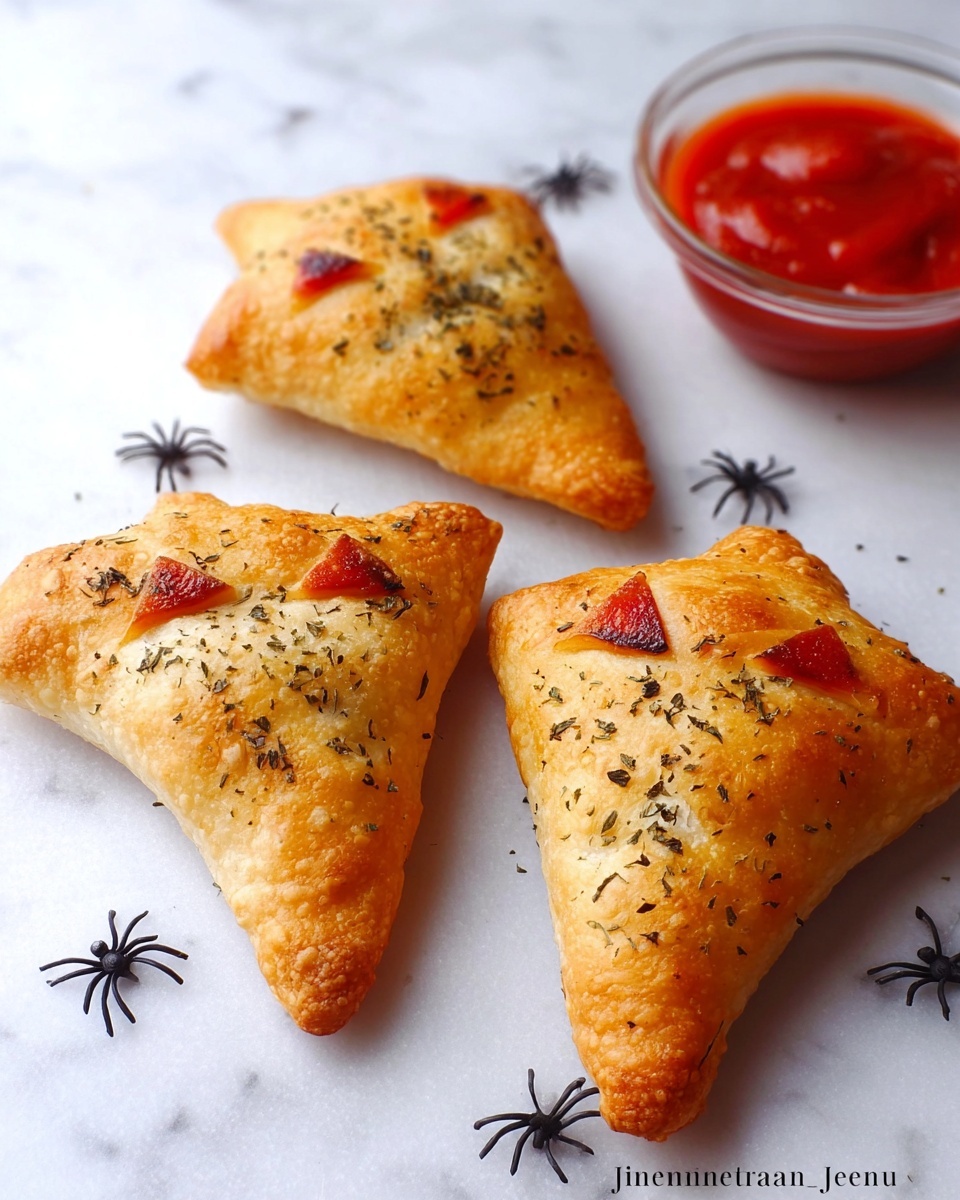 The image shows three golden brown puff pastries shaped like witch hats with a triangular form and a slight curl at the tip. Each pastry has small red triangular pieces at the base, resembling decoration or filling, and the surface is speckled with herbs giving a textured look. Nearby is a white bowl filled with thick dark red sauce, placed on a white marbled surface. Little black plastic spiders are scattered around the pastries, adding a Halloween theme to the setting. photo taken with an iphone --ar 4:5 --v 7