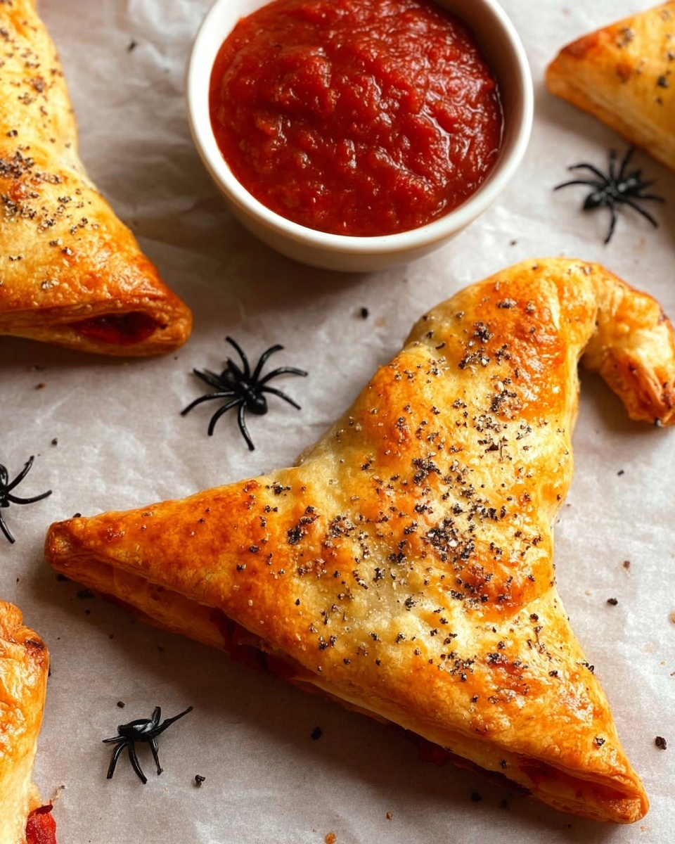 The image shows a flaky baked pastry shaped like a witch's hat, with a golden brown crust sprinkled with black pepper on top. The base of the hat has small red spots that look like embedded pieces of pepperoni. The pastry sits on a light parchment paper background with two small black plastic spiders nearby for decoration. In the upper left corner, there is a plain white small bowl filled with chunky red tomato sauce. The edges of another similar hat-shaped pastry are partly visible at the left and bottom edges of the image. photo taken with an iphone --ar 4:5 --v 7