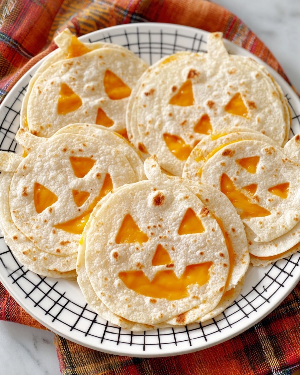 The dish shows seven flat pumpkin-shaped pieces made from light beige tortillas with small brown spots, placed on a white plate with black square and line patterns. Each tortilla has carved-out eyes, nose, and mouth shapes resembling jack-o'-lantern faces, revealing bright orange cheese underneath that fills the cut-out shapes. The tortillas are layered on top of the cheese, creating a flat two-layer look with smooth melted texture and cut-out sections clearly showing the melted cheese's shiny surface. The plate is on a white marbled surface partially covered by a warm-colored red, orange, and brown plaid cloth. photo taken with an iphone --ar 4:5 --v 7
