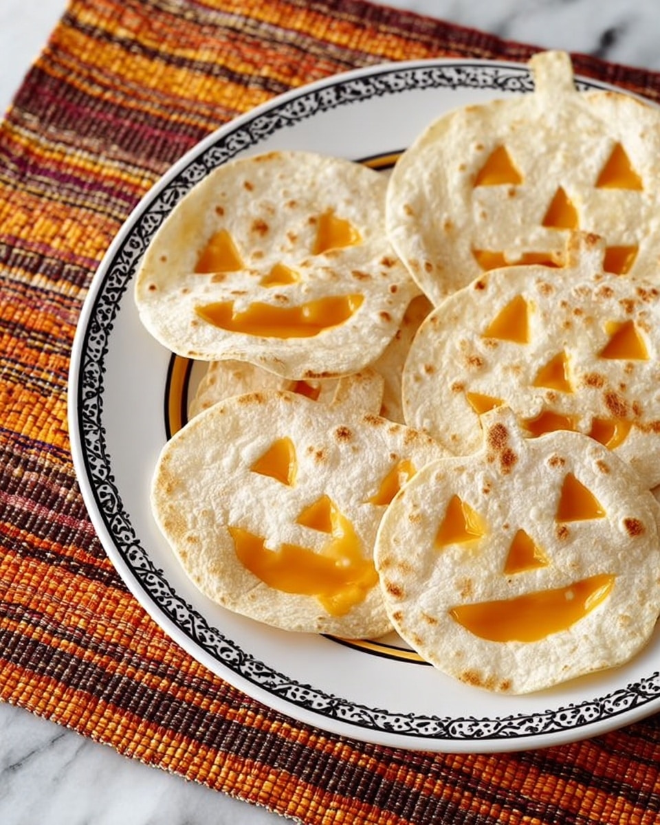 The image shows a white plate with a black patterned rim, filled with six pumpkin-shaped tortillas. Each tortilla has a smiling jack-o'-lantern face cut out to reveal melted orange cheese inside. The tortillas are light beige with slightly browned spots, and the cheese is smooth and shiny, glowing through the cut-out facial features. The plate rests on a white marbled surface with a multicolored woven mat underneath, mainly orange and brown shades. photo taken with an iphone --ar 4:5 --v 7