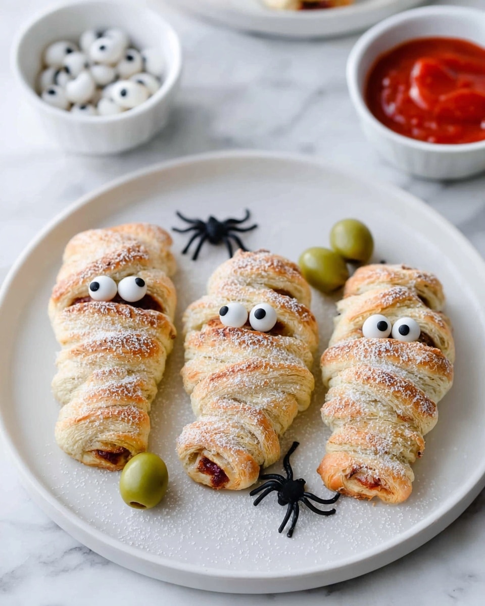 The image shows five baked mummy-shaped pastries on a large white plate with light speckles, set on a white marbled surface. Each pastry is wrapped in golden-brown dough strips with some red and green fillings peeking through the gaps, dusted lightly with powdered sugar. Two small round white candy eyes are placed near the top of each pastry, giving a fun, spooky look. A small white bowl filled with bright red tomato sauce is placed on the right side of the plate, some sauce spilling slightly on the rim. One pastry is set apart on the marbled surface above the plate. Photo taken with an iphone --ar 4:5 --v 7