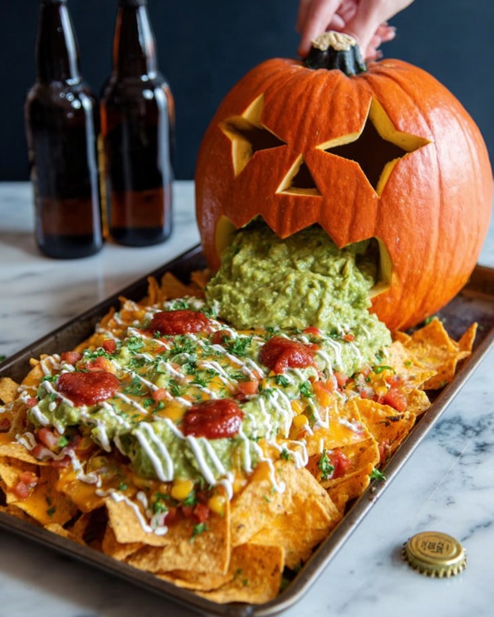 A large carved pumpkin with star-shaped eyes and a sad mouth is positioned at the back, appearing to vomit a thick layer of chunky green guacamole that flows onto a rectangular tray full of nachos. The tray is filled with multiple layers: the bottom layer has crispy orange tortilla chips, then a layer of melted cheese, topped with drizzles of white sour cream along the center, and dollops of red salsa on each side of the sour cream. The guacamole layer is thick and chunky with visible pieces of avocado and bits of red and green vegetables, creating the effect of the pumpkin vomiting into the tray. The whole setup is on a white marbled surface with three dark glass bottles in the background. A woman’s hand is holding one of the bottles, and two bottle caps are lying nearby. photo taken with an iphone --ar 4:5 --v 7