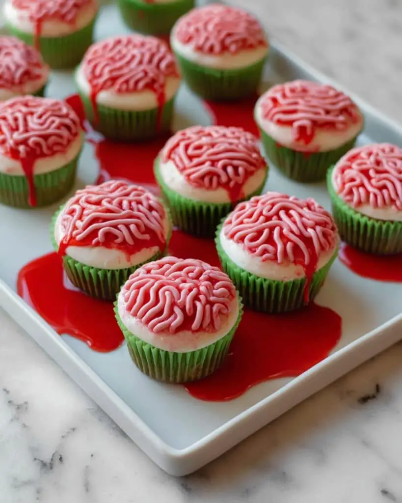 Strawberry Halloween Cupcakes with Creepy Brain Frosting Recipe