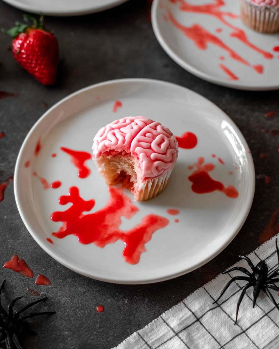 A small cupcake with pink icing shaped like a brain sits in the middle of a white plate. The cupcake is missing a bite on one side, showing the light pink cake inside. Bright red syrup is splattered and pooled around the cupcake on the plate, looking like blood. The plate is on a dark surface, with a large red strawberry nearby, and a black plastic spider next to a white and gray checkered cloth at the bottom right. In the top corner, part of another white plate with a full brain cupcake and more red syrup spots is visible. Photo taken with an iphone --ar 4:5 --v 7
