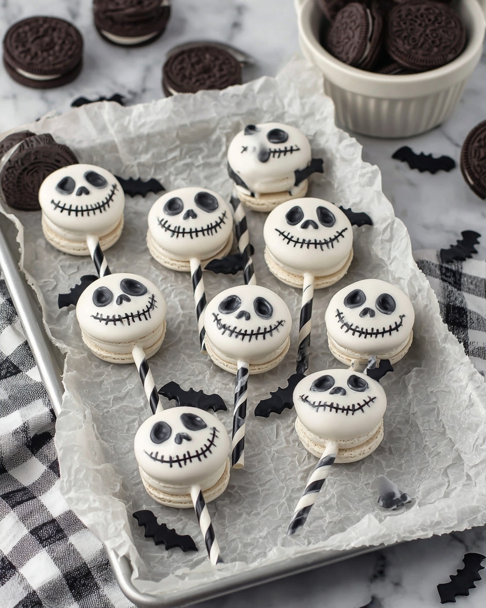 The image shows nine white macaron lollipops arranged on a baking tray lined with crumpled parchment paper. Each macaron has two smooth, round white layers with a filling in the middle, and they are decorated to look like a skull face with black eyes, nose, and stitched mouth drawn on top. Each lollipop stick is black and white striped or dotted, placed at the bottom center of each macaron. Small black bat-shaped candies are attached just above the sticks, and more bat candies are scattered on the parchment paper. The tray is placed on a white marbled surface with a white bowl filled with Oreo-style cookies and a checked cloth nearby. Photo taken with an iphone --ar 4:5 --v 7