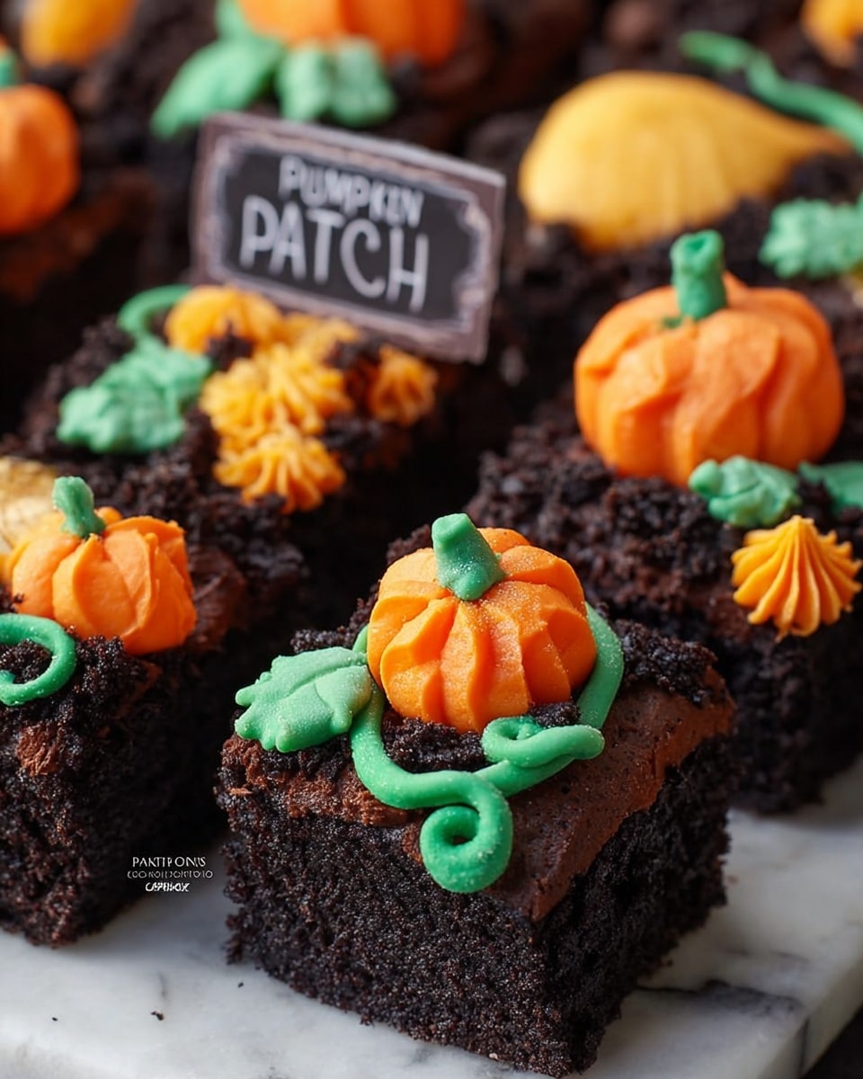 The image shows small square chocolate cakes arranged closely on a white marbled surface. Each cake has a thick dark brown crumbly layer on top above a dense chocolate layer. On top of the crumbs, there is an orange piped pumpkin shape made from smooth frosting, accented by swirls of bright green frosting mimicking pumpkin vines and leaves. One cake in the background has a small rectangular sign with