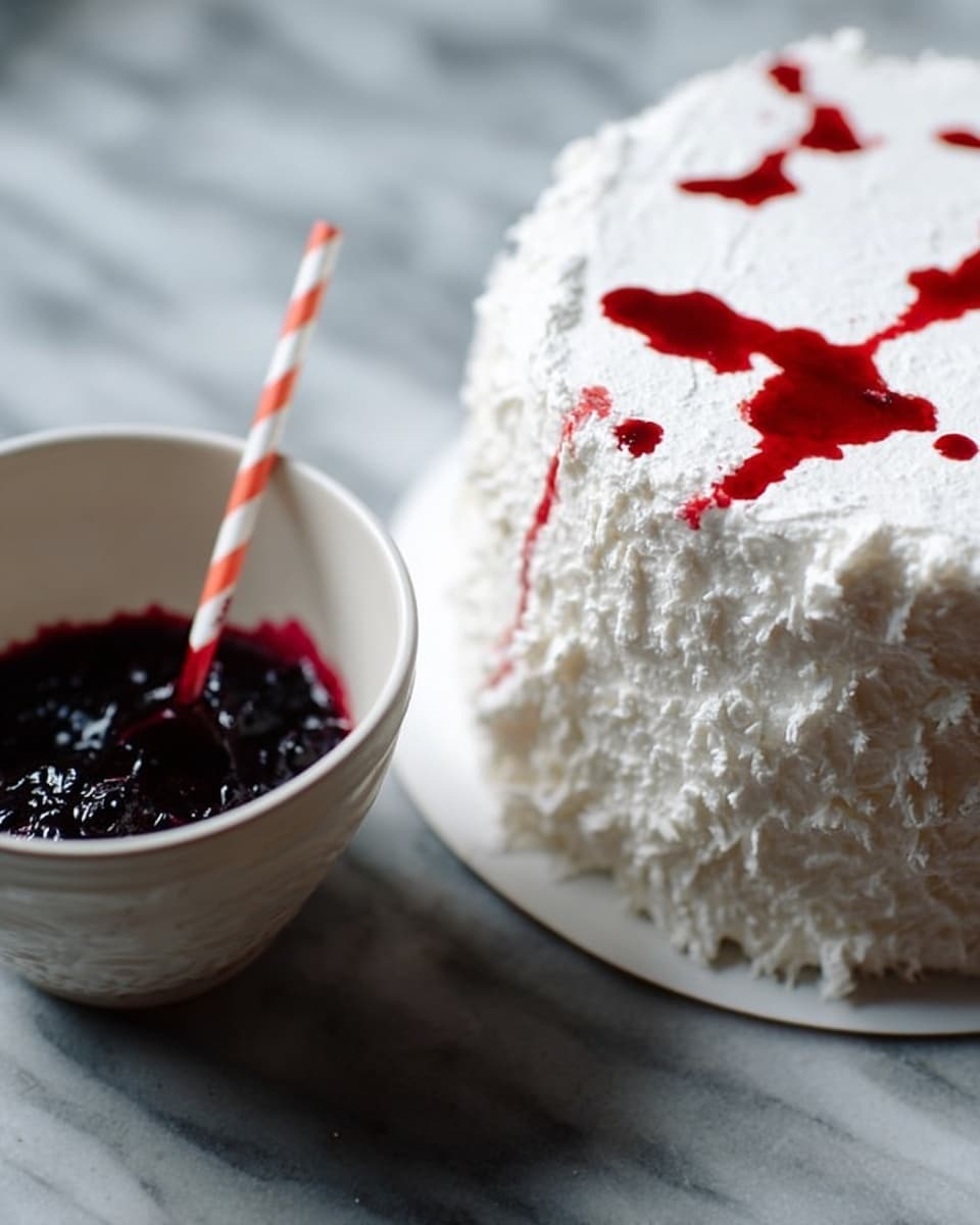 The image shows a white frosted cake with a rough textured cream layer on top, decorated with a few small spots of dark red sauce that slightly drip down the side. The cake is placed on a white marbled surface and next to it is a white bowl filled with dark red berry sauce, with a white and red striped straw inside. The light highlights the creamy texture of the cake and the contrast between the white frosting and red sauce. Photo taken with an iphone --ar 4:5 --v 7