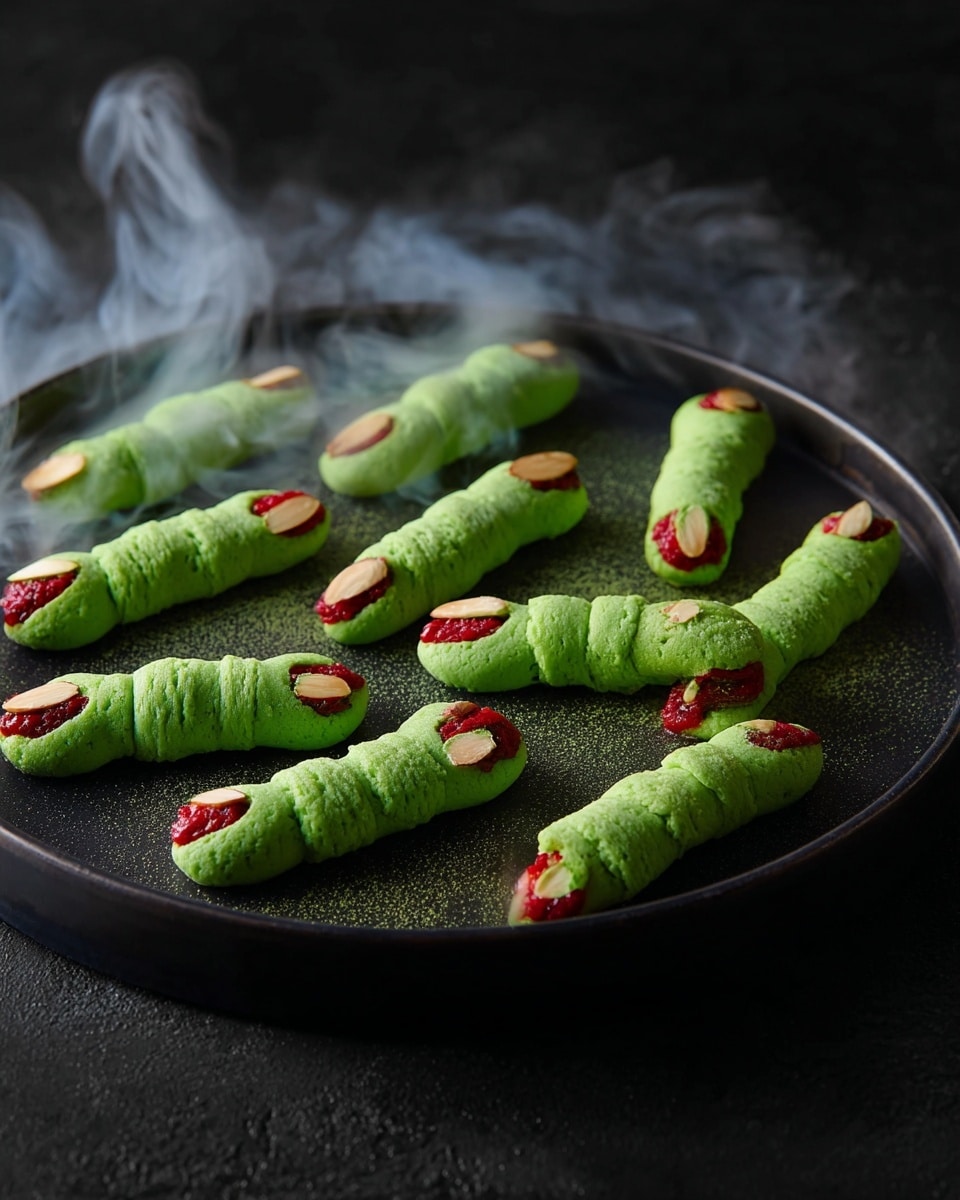 The image shows nine green finger-shaped cookies placed on a dark round pan, steaming slightly. Each cookie resembles a creepy finger, with three small bumps along the length to look like knuckles. The cookies have red coloring at one end to mimic a cut fingernail bed, and a sliced almond on the tip to look like a fingernail. The green surface of the cookies is textured with small dimples to add a realistic skin effect. The dark pan contrasts with the bright green cookies and faint smoke rises around them, making them look freshly baked. photo taken with an iphone --ar 4:5 --v 7