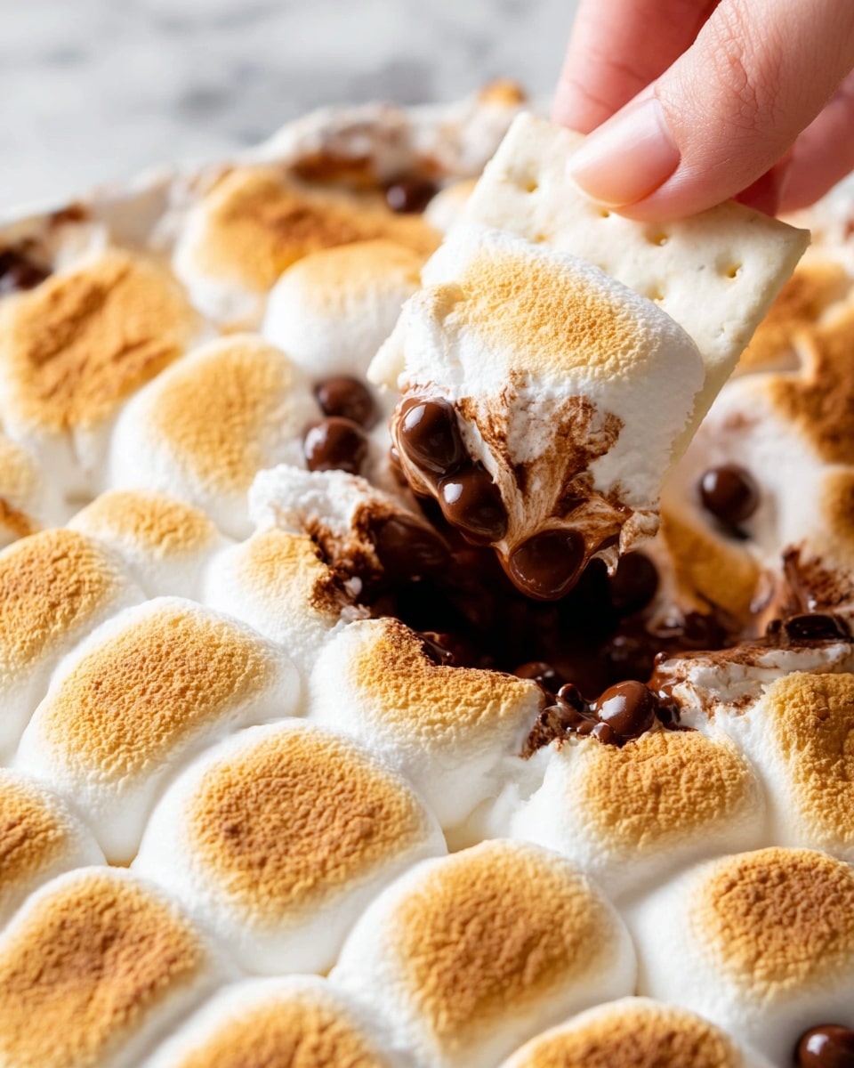 The image shows a close-up of a toasted marshmallow layer with melted chocolate chips spread underneath. The marshmallows are golden brown on the top with a soft white part beneath. A white cracker is dipping into the melted marshmallow and chocolate mix, held by a woman's hand on the right side of the image. The melted chocolate is dark brown and slightly shiny, blending visibly with the fluffy marshmallow texture. The background and surface are a white marbled texture. Photo taken with an iphone --ar 4:5 --v 7