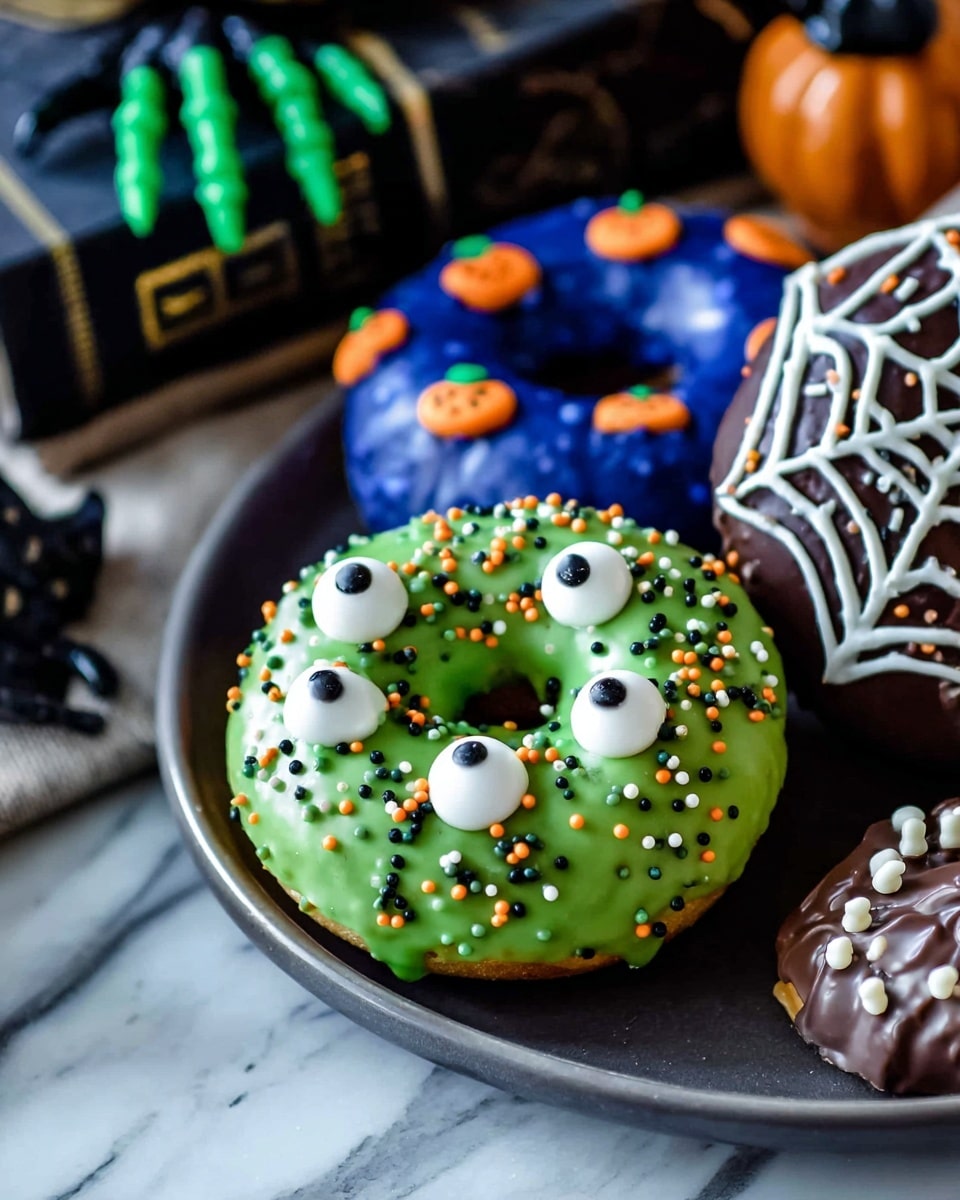 A close-up of a green frosted donut covered in small round sprinkles of orange, green, black, and white, with three large white candy eyes placed on top, sitting on a dark grey plate. Behind it, partially visible, is a blue frosted donut decorated with small orange pumpkin shapes and white sprinkles, and another donut with dark chocolate frosting and white web-like icing. In the background, there are black book-shaped decorations with gold lettering and green witch fingers. The whole scene is set on a white marbled surface. photo taken with an iphone --ar 4:5 --v 7