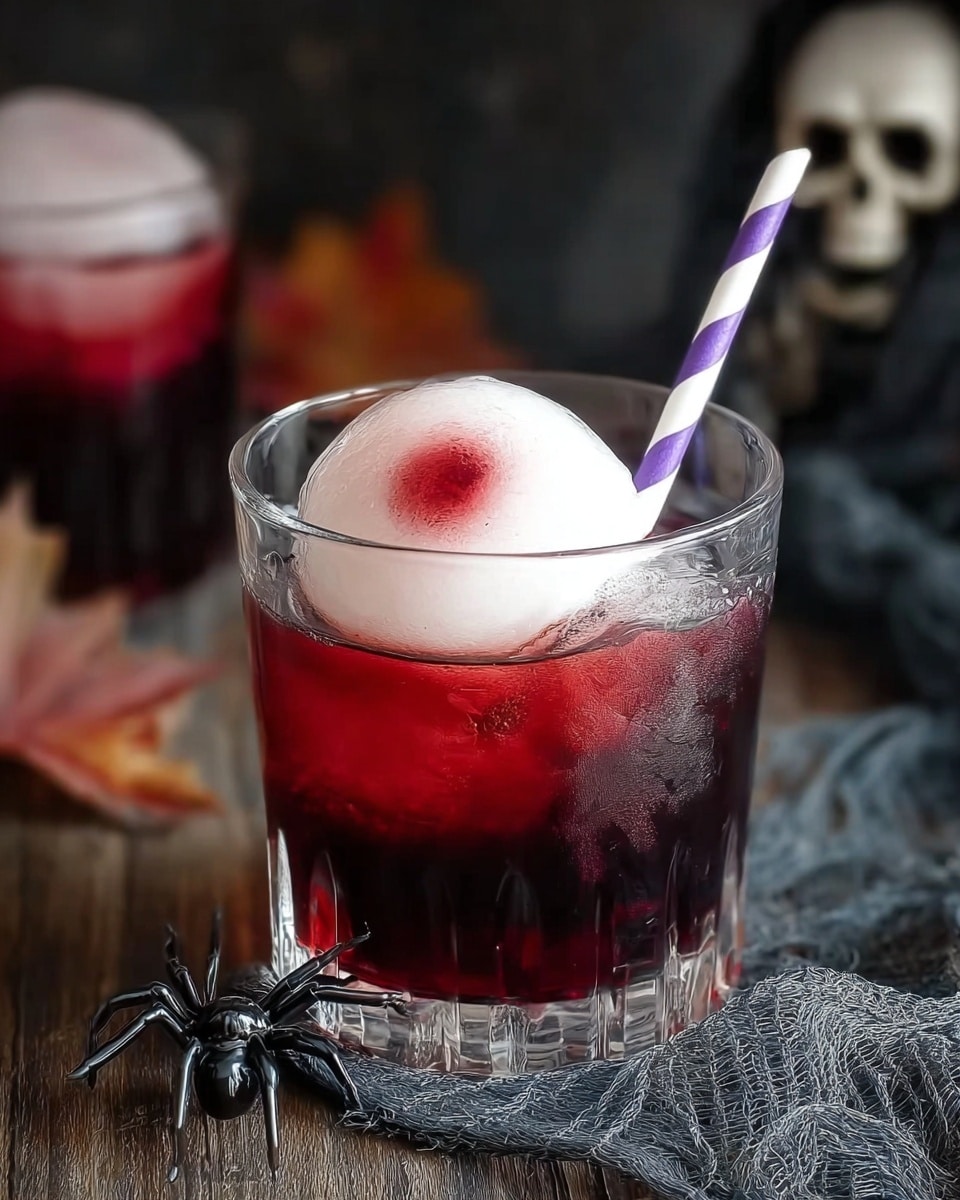 The image shows a clear glass filled three-quarters with a dark red liquid, topped with a white spherical ice ball that has a red spot on its upper side, resembling an eyeball. A purple and white striped straw is placed in the glass, leaning against the ice ball. The glass is positioned on a wooden surface with a dark grey net cloth underneath, and a plastic black spider is near the bottom left corner. The background is dark with a blurry skeleton figure and some autumn leaves faintly visible. Photo taken with an iphone --ar 4:5 --v 7