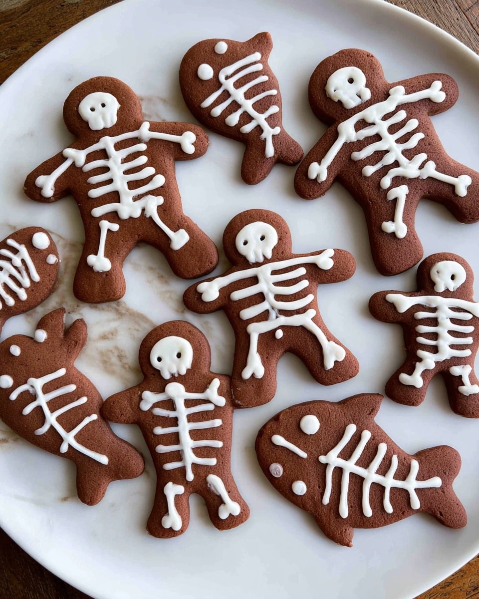 A white round plate with five brown cookies shaped like people, each decorated with white icing bones on their heads, arms, torso, legs, and feet resembling skeletons. Around the figures are five smaller brown fish-shaped cookies with white icing outlining their bones and skulls. The cookies have a smooth texture, and the white icing shows clear, simple skeleton patterns that contrast sharply with the brown cookie base. The plate is placed on a wooden surface but described as white marbled texture. Photo taken with an iphone --ar 4:5 --v 7