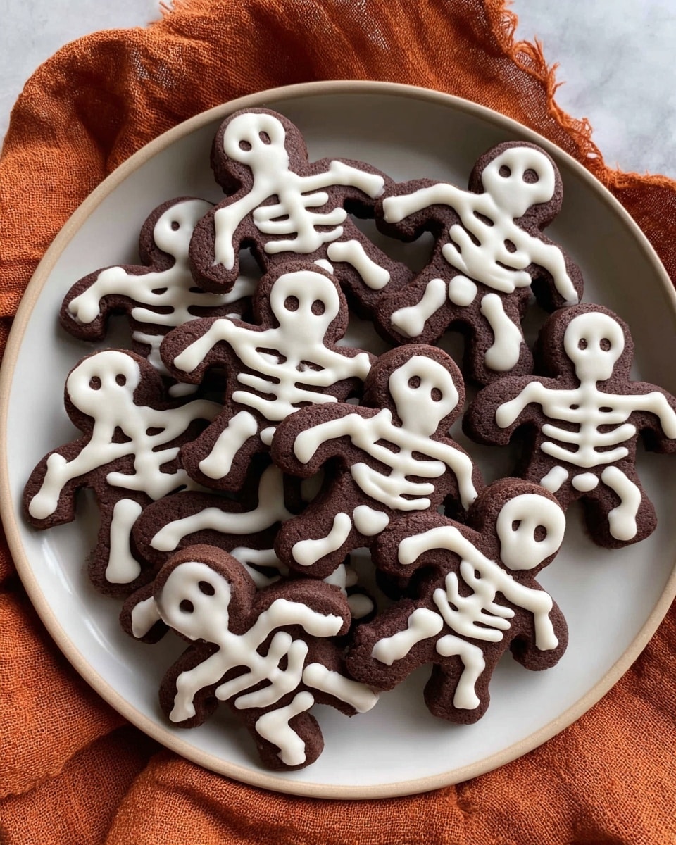 A white plate filled with many chocolate cookies shaped like little running people. Each cookie has two layers: the base is a dark brown chocolate cookie, and the top layer is white icing forming a skeleton design with a round head, ribs, spine, arms, and legs details. The cookies are stacked and arranged close to each other, showing the contrast between the dark brown base and the white skeleton decoration. The plate is on a white marbled surface with an orange cloth around it. Photo taken with an iphone --ar 4:5 --v 7