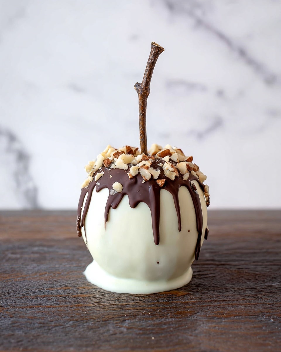 Four candy apples sit on a weathered wooden board over a white marbled surface. Each apple has a twig inserted as a handle. The first apple is covered in white chocolate with dark chocolate drips and chopped nuts on top. The second is coated in dark chocolate with a grid pattern made of white and caramel stripes. The third apple has a white chocolate coating with small red dried fruit pieces scattered all around. The fourth apple is covered in dark chocolate with a star-like swirl of caramel and sprinkled chopped nuts on top. photo taken with an iphone --ar 4:5 --v 7