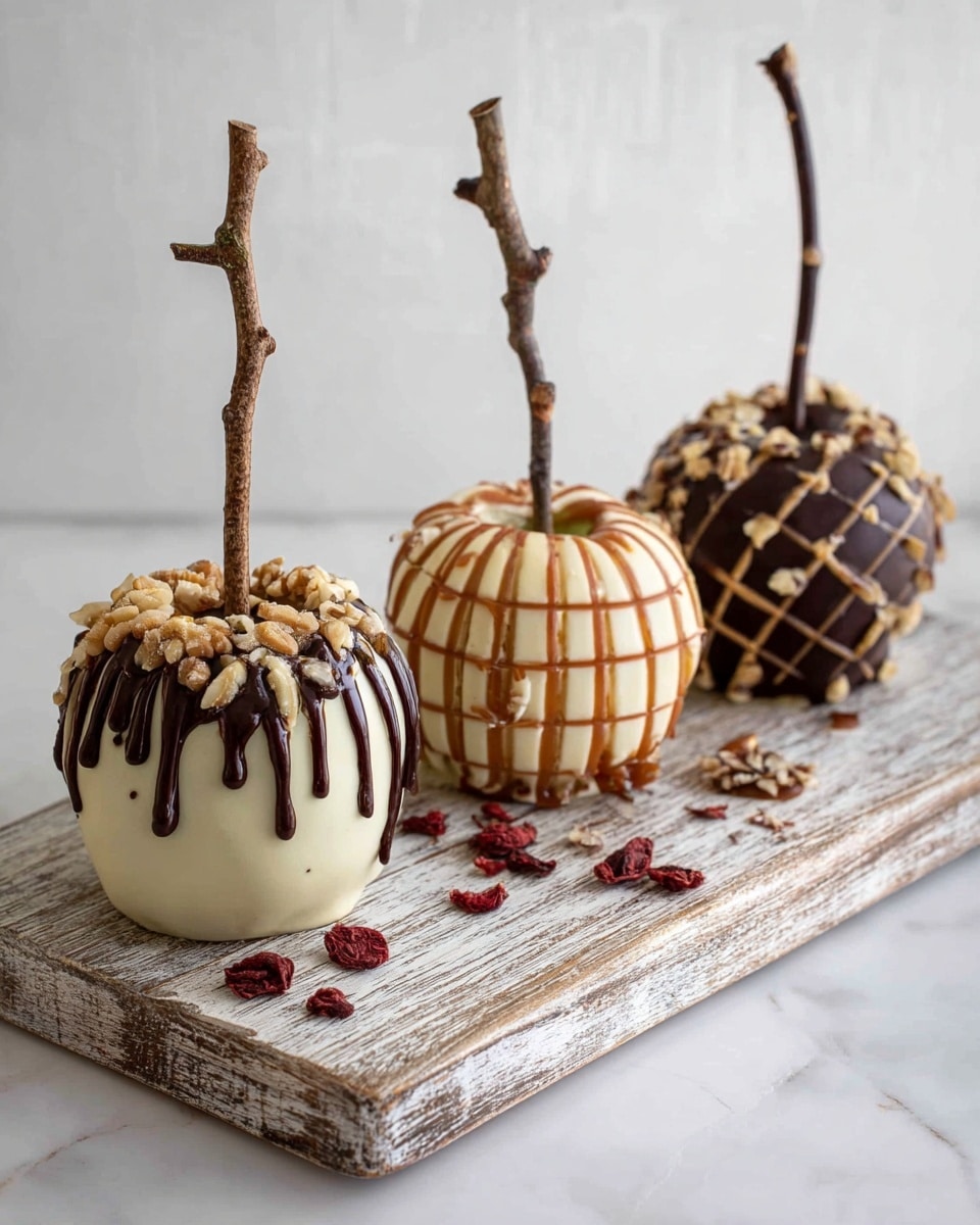 A round white chocolate-covered apple sits on a dark wooden surface with a thin stick inserted at the top as a stem. The apple is coated in smooth white chocolate that pools slightly at the base. Dark chocolate drips over the top edges of the apple in uneven layers, creating a striking contrast. On top of the dark chocolate, small chopped nuts are scattered, adding texture and color. The background features a white marbled texture. Photo taken with an iphone --ar 4:5 --v 7