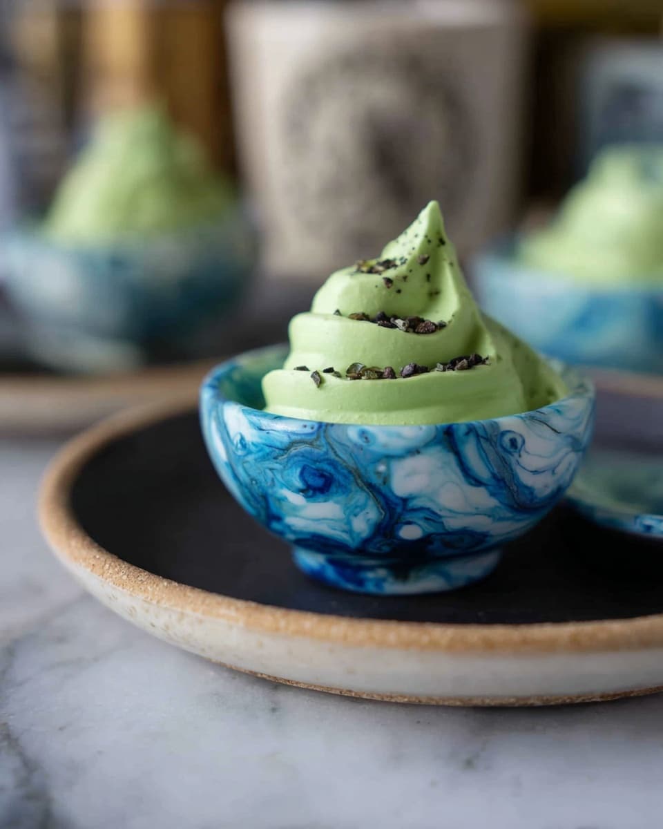 The image shows a close-up of a small blue and white marbled bowl holding a single serving of light green creamy food in a swirled, piped shape, topped with small black specks. The bowl sits on a dark plate with a thin light-colored edge, all placed on a white marbled surface. In the background, there are blurred objects and another similar bowl with the same green swirled food, but the focus is on the front bowl. photo taken with an iphone --ar 4:5 --v 7