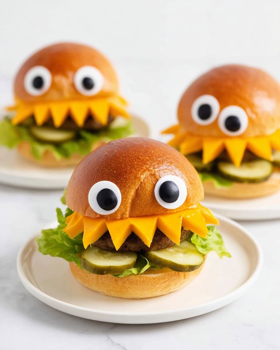 The image shows three fun burgers on white plates placed on a white marbled surface. Each burger has a shiny golden brown bun with two white dollops on top, each topped with a black olive to look like eyes. Under the top bun there is a layer of bright orange cheese cut into sharp triangular shapes creating a jagged mouth. A green pickle slice sticks out in the middle below the cheese, like a tongue. Below the pickle, there is a fresh leafy green lettuce and a beef patty visible between the buns. The arrangement makes the burgers look like funny faces. Photo taken with an iphone --ar 4:5 --v 7