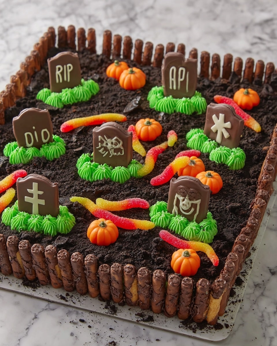 A square cake designed to look like a graveyard, with three main layers: a base layer covered in crushed dark chocolate cookies to resemble soil, topped with small orange pumpkin-shaped candies scattered around. There are edible brown tombstone shapes standing up on the cake, each decorated with white icing messages like