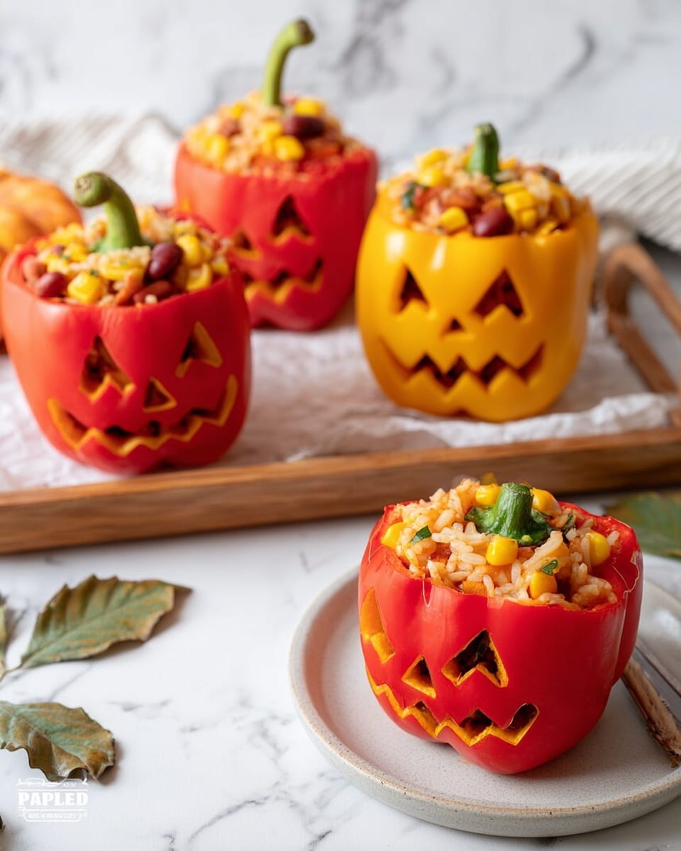 There are three bell peppers with jagged edges on top, carved like jack-o'-lanterns with triangle eyes and noses, and mouths showing the filling inside. Two peppers are red and one is yellow, all stuffed with a mix of rice, beans, corn, and melted cheese visible on the top. They sit on a wooden tray with white parchment paper. In front, a red bell pepper with a similar carved top and filled with the same mix sits on a white plate. The background shows a white marbled surface with a few green-brown leaves scattered around. Photo taken with an iphone --ar 4:5 --v 7