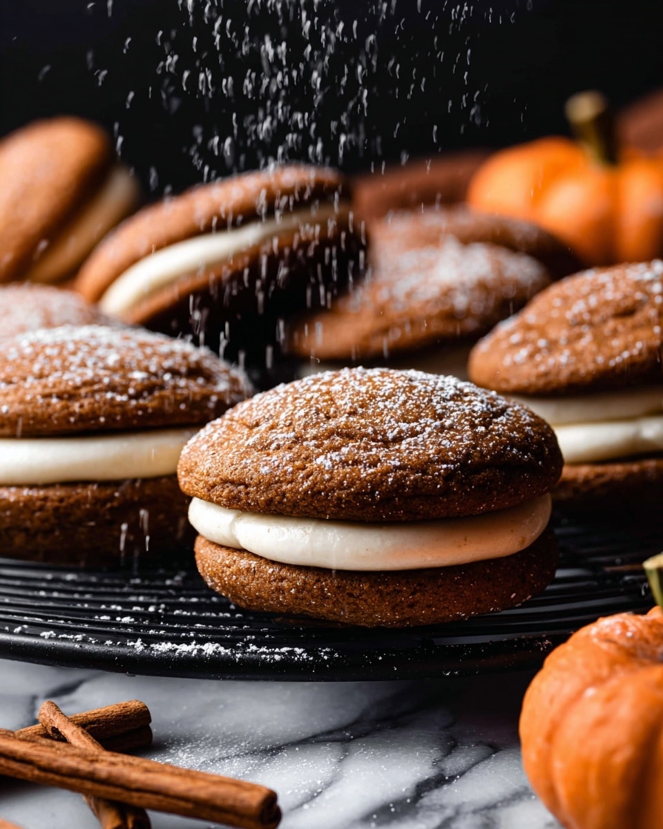 The image shows several sandwich cookies placed on a black wire cooling rack on top of a white marbled surface. Each cookie has two soft, brown layers with a rough texture and a thick, smooth, creamy white filling in the middle. Powdered sugar is gently falling and dusting the top cookie, adding a fine white powder layer on its surface. Around the cookies, there are cinnamon sticks and small orange pumpkins, which add warm autumn colors to the scene. The background is dark, making the cookies and surrounding autumn elements stand out clearly. Photo taken with an iphone --ar 4:5 --v 7