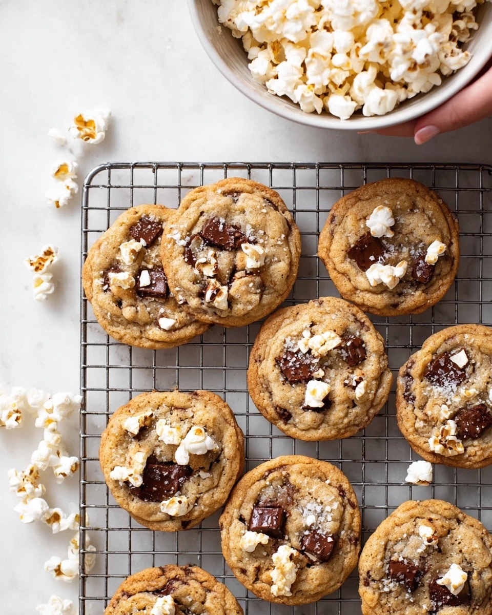 The image shows a cooling rack with warm, round cookies spread over it, each cookie golden brown with dark melted chocolate patches and small white popcorn pieces scattered on top. The cookies have a slightly cracked surface texture with some coarse salt sprinkled over. To the upper left, a white bowl filled with fluffy white popcorn is held above the cookies by a woman's hand, all placed on a white marbled surface with some popcorn scattered around. Photo taken with an iphone --ar 4:5 --v 7