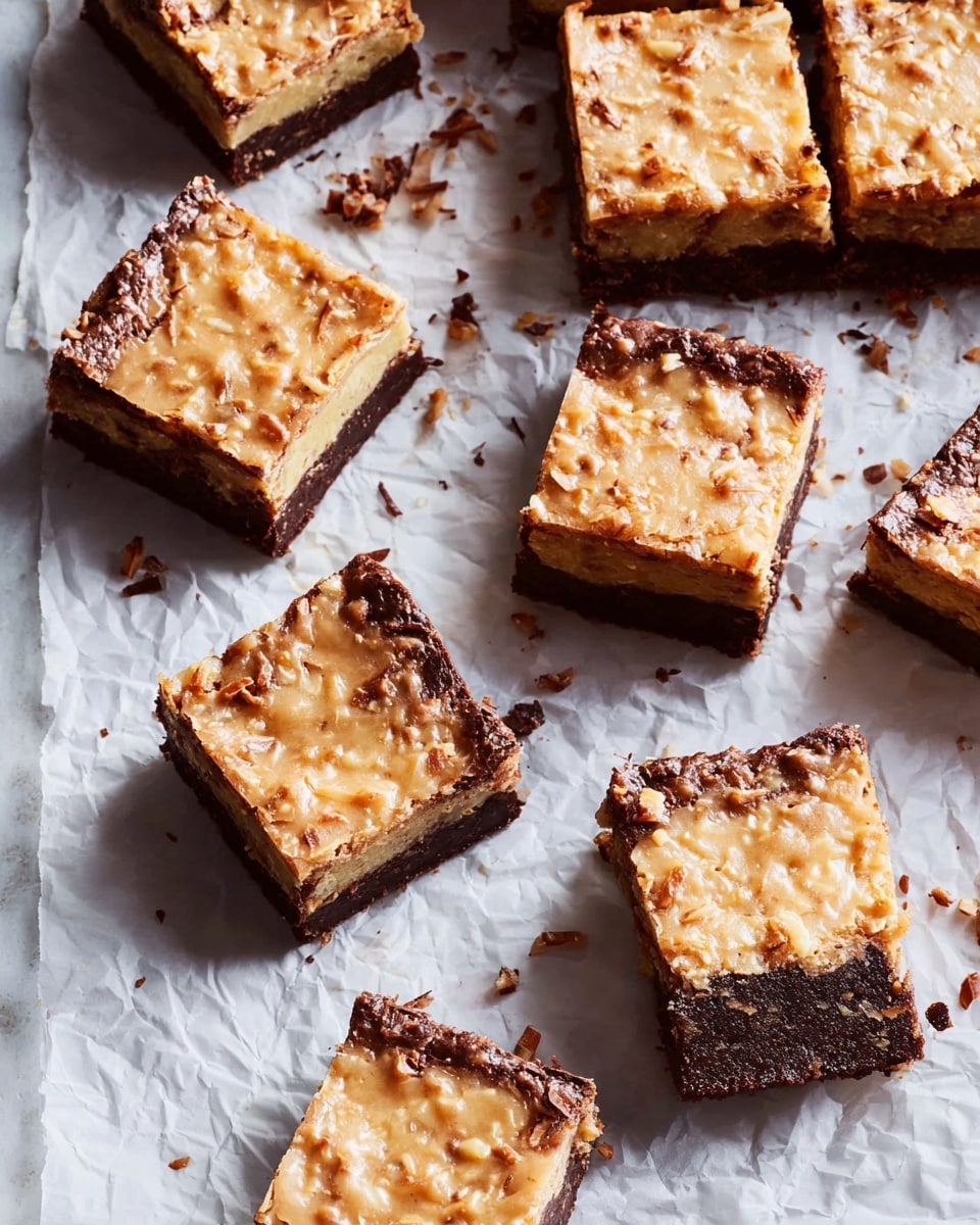 Several square bars of dessert are spread out on crinkled white paper over a white marbled surface. Each bar has two visible layers: the bottom layer is thick and dark brown with a dense texture like a brownie, and the top layer is thinner, light tan with a shiny, slightly uneven surface speckled with small bits of nuts or coconut. Some bars are positioned close together while others have space around them, showing crumbs and slight imperfections on the edges. The lighting highlights the textured tops and rich color contrast between the layers. photo taken with an iphone --ar 4:5 --v 7