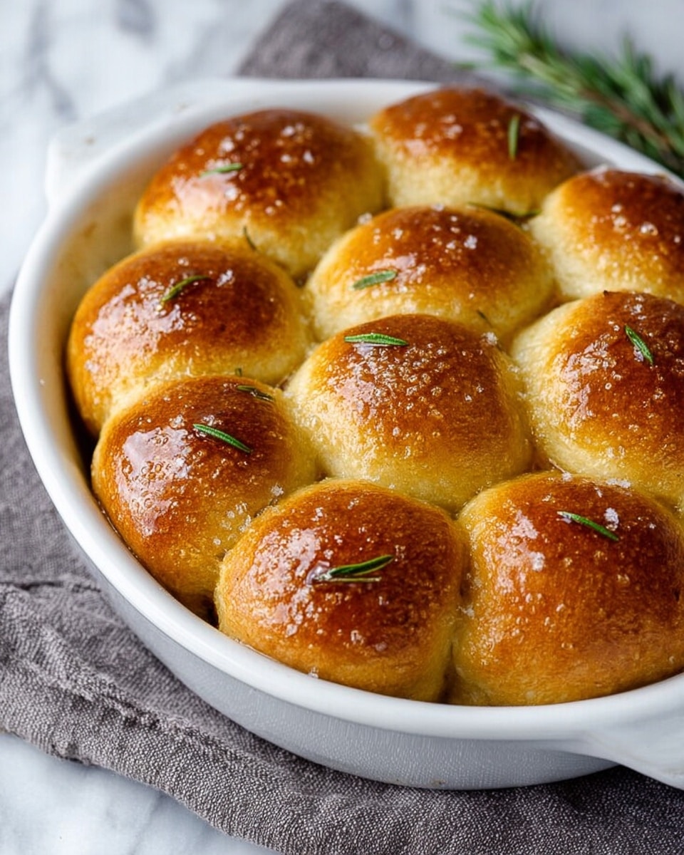 A white oval dish filled with nine golden brown bread rolls arranged in a neat 3 by 3 pattern. Each roll is shiny on top, hinting at a buttery glaze, with a light sprinkle of coarse salt and small green rosemary leaves scattered over some of the rolls. The bread looks soft and fluffy with a slightly crisp crust. The dish sits on a white marbled surface with a gray linen cloth partially underneath. Photo taken with an iphone --ar 4:5 --v 7