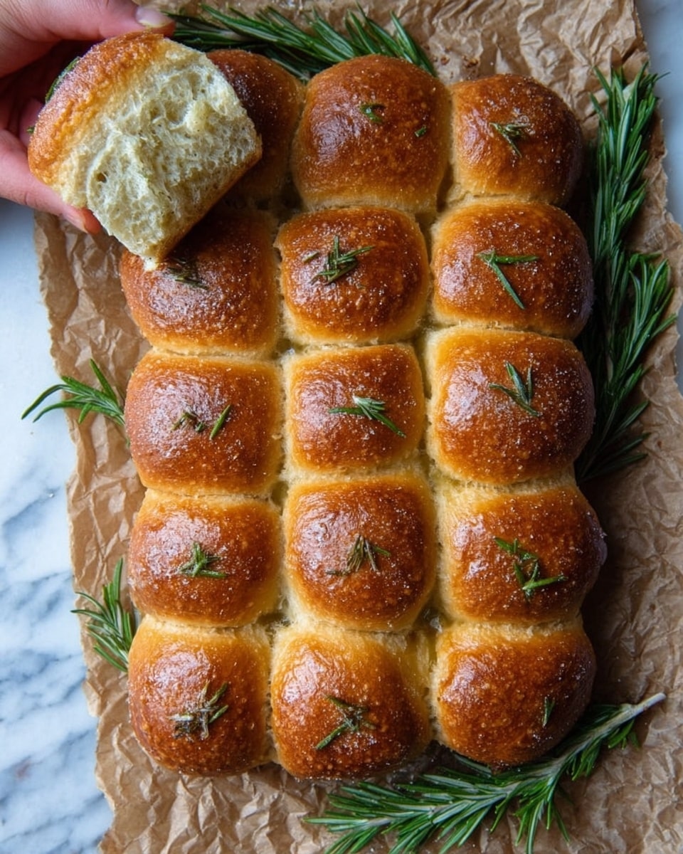 A bunch of 13 golden brown, shiny bread rolls joined together, arranged in three rows with four rolls wide in the middle and three rolls wide on the sides, each roll topped with small bits of rosemary. One roll on the top left is held by a woman's hand, showing a soft and fluffy inside with a textured surface. The rolls are placed on crumpled brown paper with sprigs of fresh rosemary around. The background is a white marbled texture photo taken with an iphone --ar 4:5 --v 7