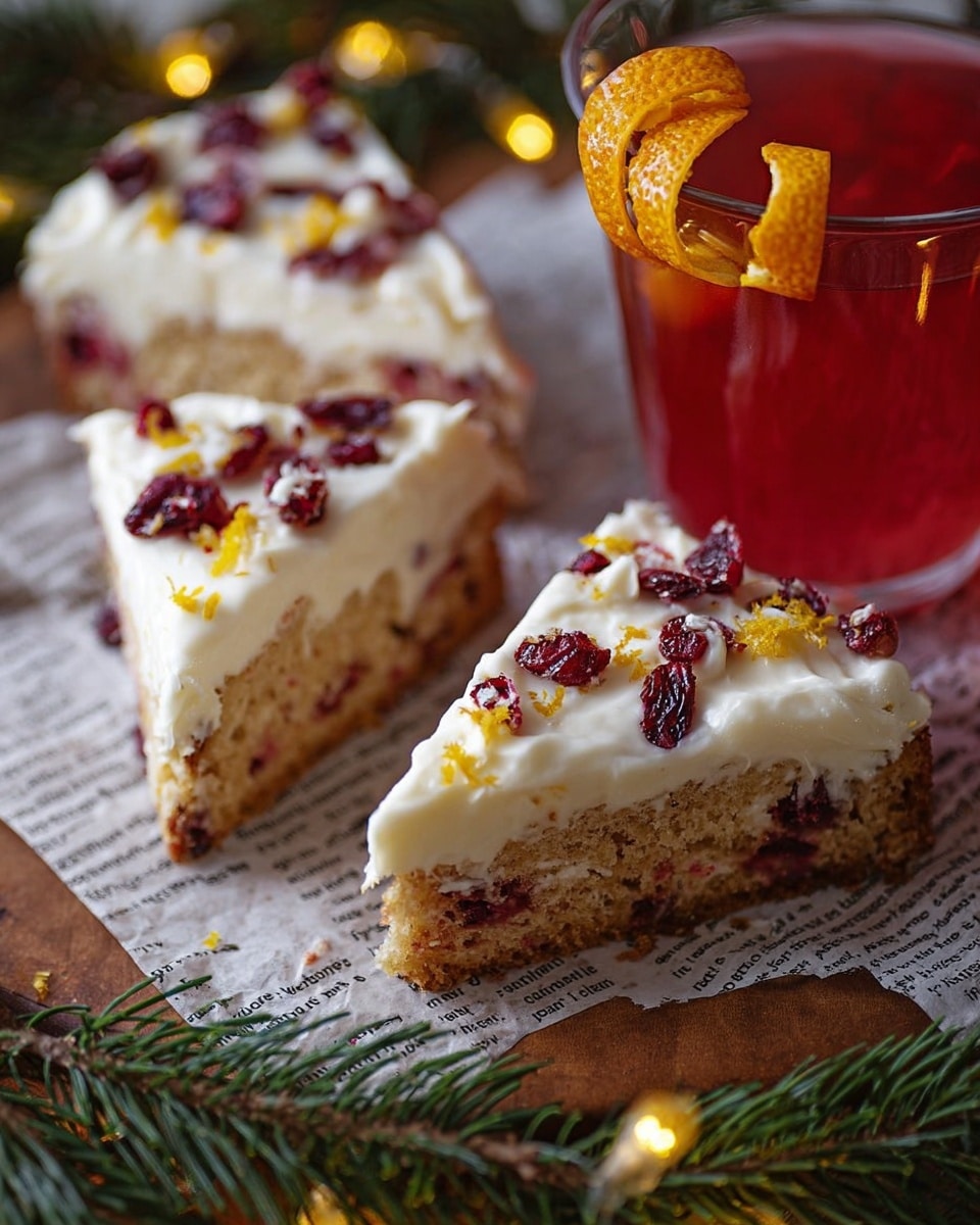 A close-up view of three triangular slices of cake on printed parchment paper, each slice showing two layers: a light brown base layer with a moist texture and a thick white cream layer on top, decorated with scattered dark red dried cranberries and small yellow zest pieces. The cake slices are arranged on a wooden surface with green pine branches and a glowing yellow light string at the bottom. To the right, there is a white, clear glass cup filled with a red drink, garnished with a twisted orange peel hanging from the rim. The background is a white marbled texture. Photo taken with an iphone --ar 4:5 --v 7