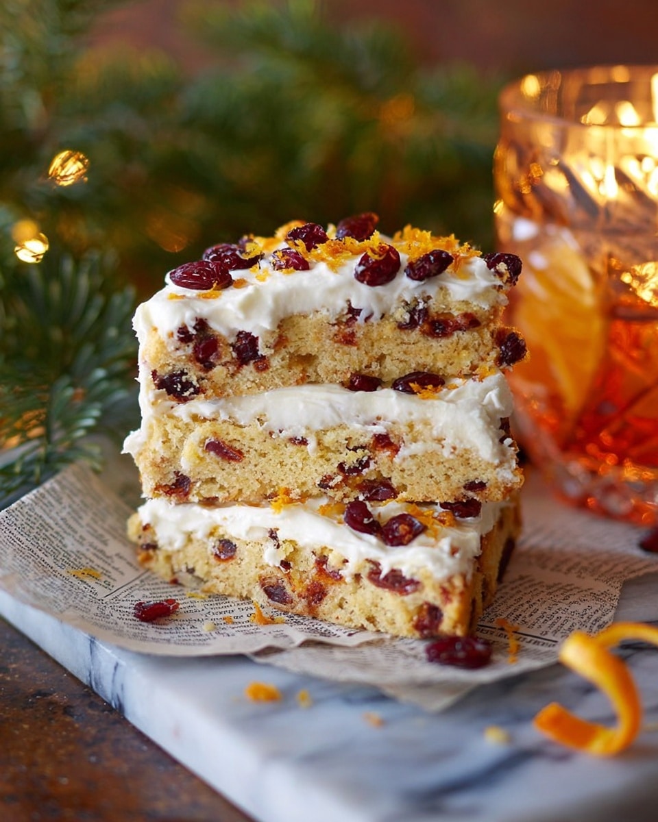 Three slices of a layered cake are stacked unevenly on a piece of newspaper on a white marbled surface. Each slice has a light golden-brown base with visible dark red spots inside, likely dried fruit, topped with a thick layer of white frosting. The frosting is decorated with scattered pieces of dark red dried fruit and small orange zest bits. Around the cake, there are blurred green fir branches and an amber-colored glass with an orange spiral peel garnish on the right side. The background is softly lit with warm candlelight. Photo taken with an iphone --ar 4:5 --v 7
